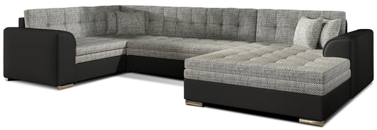Narożnik Damario w układzie prawym, tapicerowany tkaniną Berlin 01 szary z bokami w ekoskórze Soft 11 czarny, widok na całą bryłę z poduszkami.