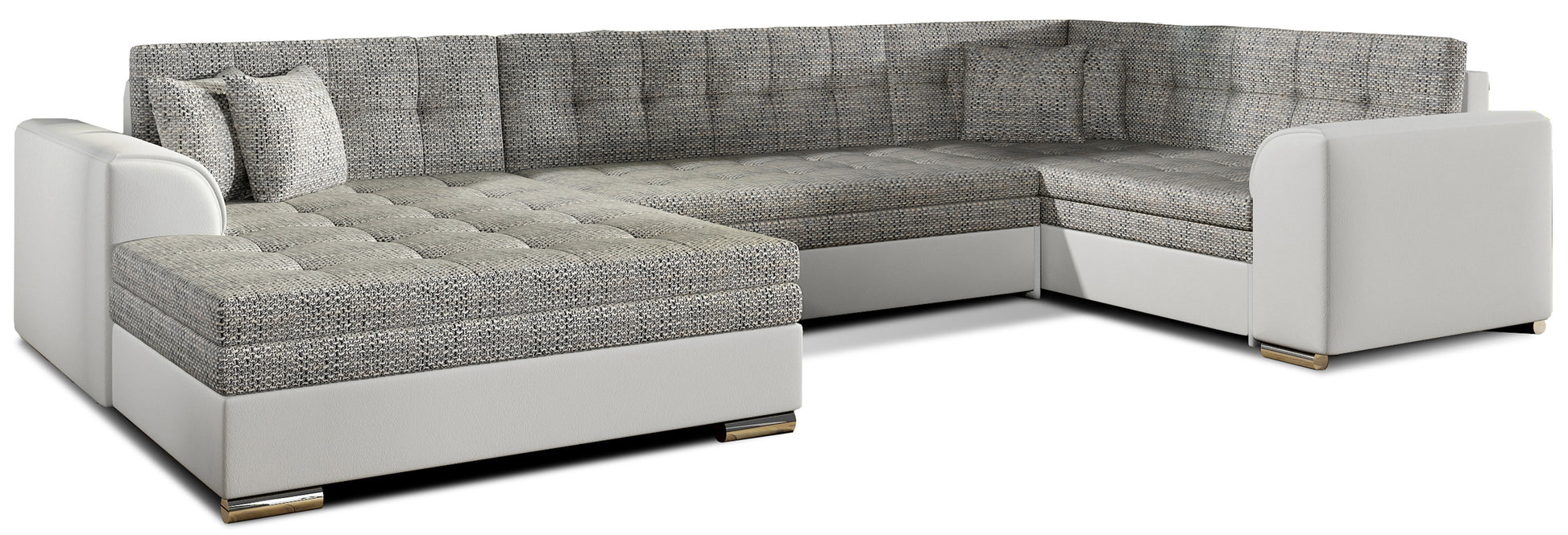 Narożnik Damario w układzie lewym, tapicerowany tkaniną Berlin 01 szary i ekoskórą Soft 17 biały, widok na całą bryłę z poduszkami.
