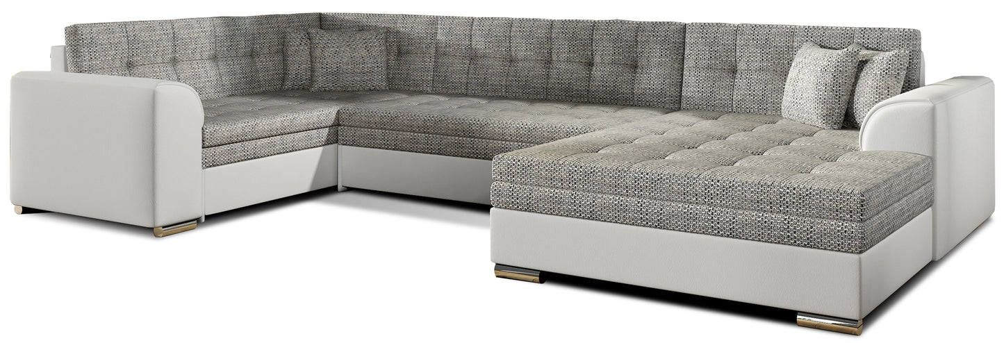 Narożnik Damario w układzie prawym, tapicerowany tkaniną Berlin 01 szary z bokami w ekoskórze Soft 17 biały, widok na całą bryłę z poduszkami.