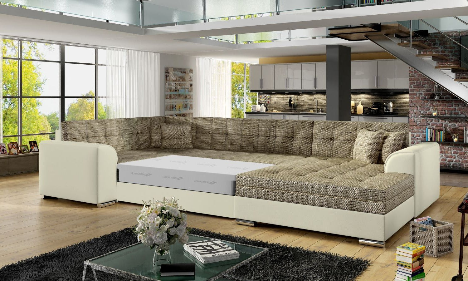 Narożnik Damario w kolorze ciemnobeżowym i beżowym z rozłożoną funkcją spania, prezentacja przestronnej powierzchni do wypoczynku.