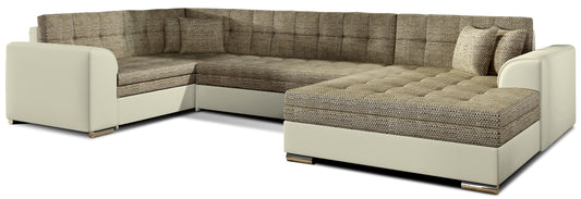 Narożnik Damario w układzie prawym, tapicerowany tkaniną Berlin 03 ciemnobeżowy z bokami w ekoskórze Soft 33 beżowy, widok na całą bryłę z poduszkami.