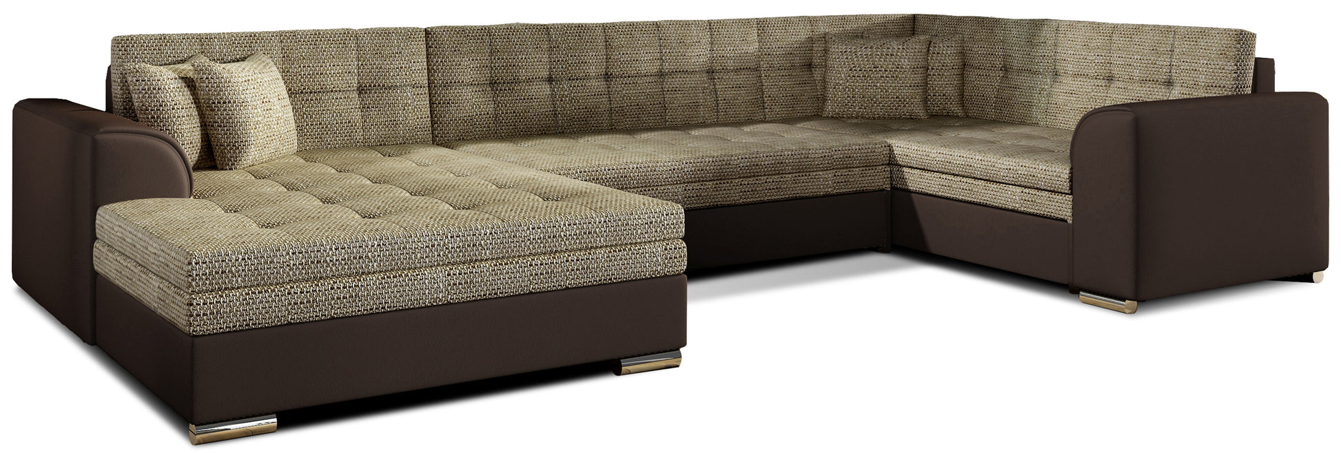 Narożnik Damario w układzie lewym, obity tkaniną Berlin 03 ciemnobeżowy z bokami w ekoskórze Soft 66 brązowy, widok na całość z poduszkami.