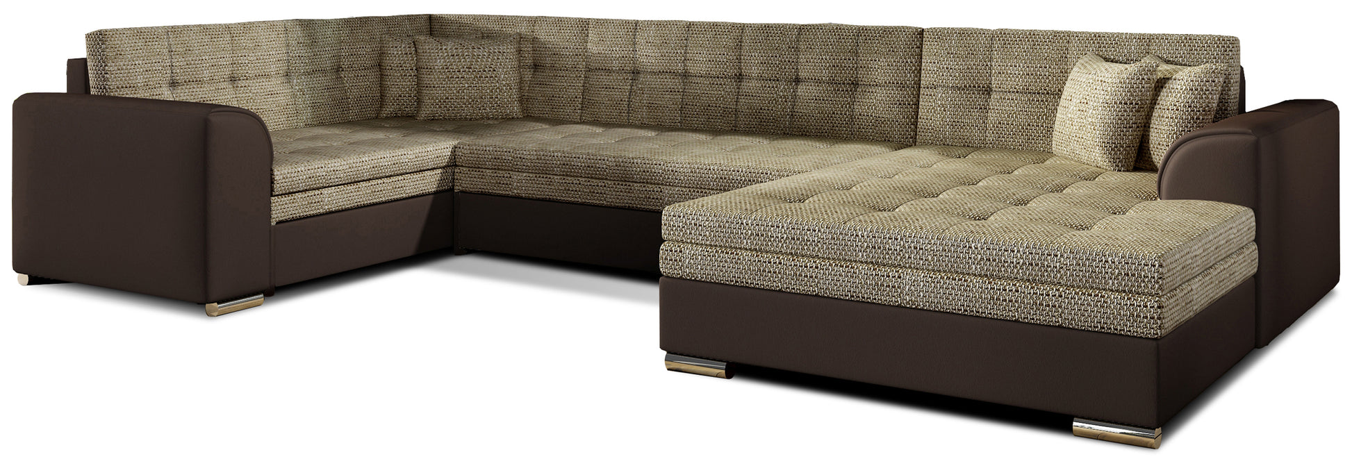 Narożnik Damario w układzie prawym, tapicerowany tkaniną Berlin 03 ciemnobeżowy z bokami w ekoskórze Soft 66 brązowy, widok na całą bryłę z poduszkami.