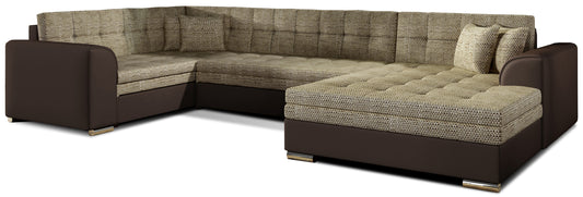 Narożnik Damario w układzie prawym, tapicerowany tkaniną Berlin 03 ciemnobeżowy z bokami w ekoskórze Soft 66 brązowy, widok na całą bryłę z poduszkami.