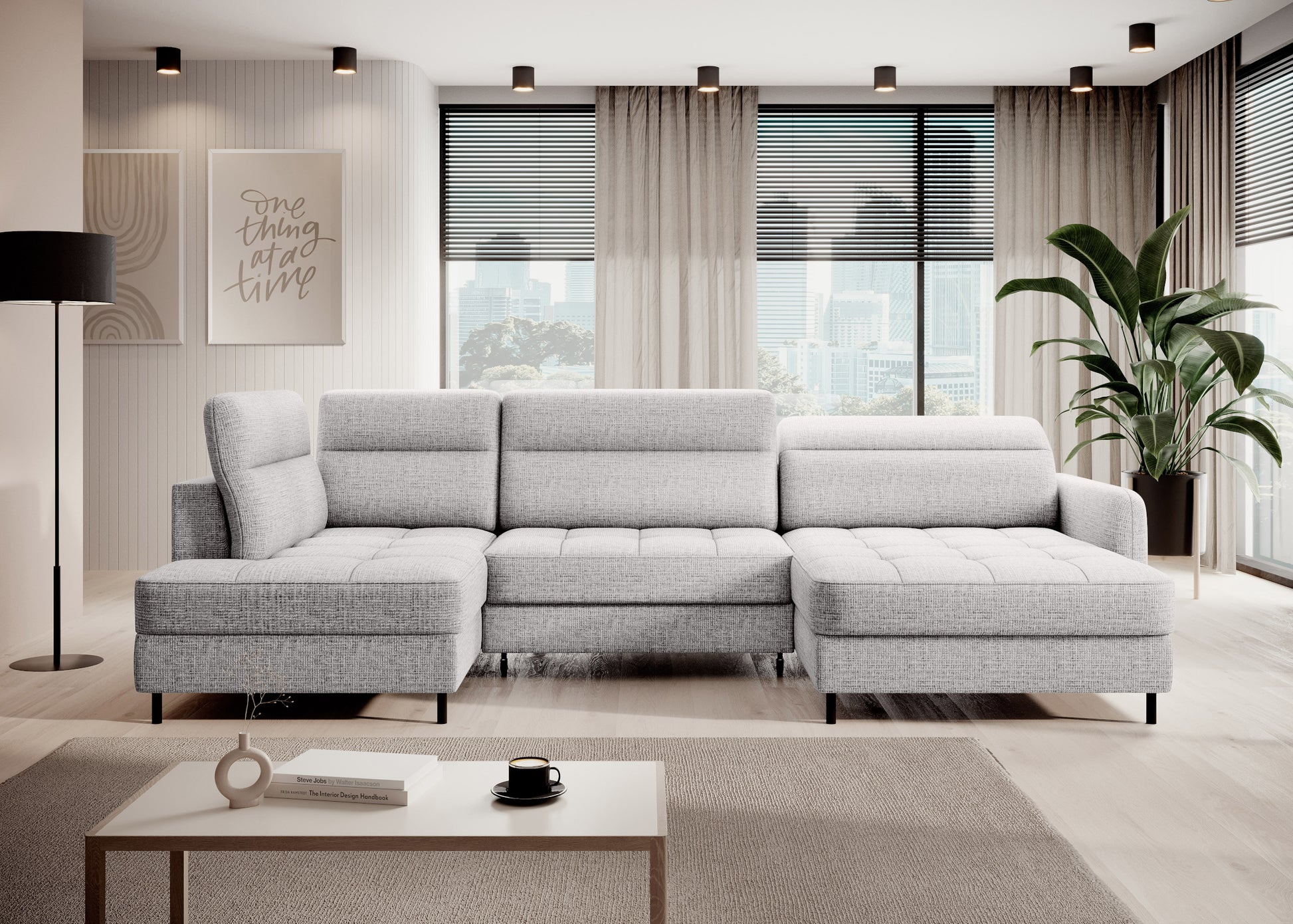 Narożnik Berrto w aranżacji salonu, biały Aubron 03, widok z przodu