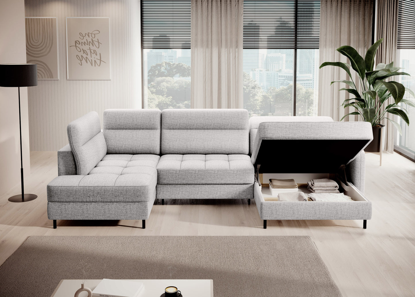 Narożnik Berrto w nowoczesnym salonie, biały Aubron 03 – widok z boku