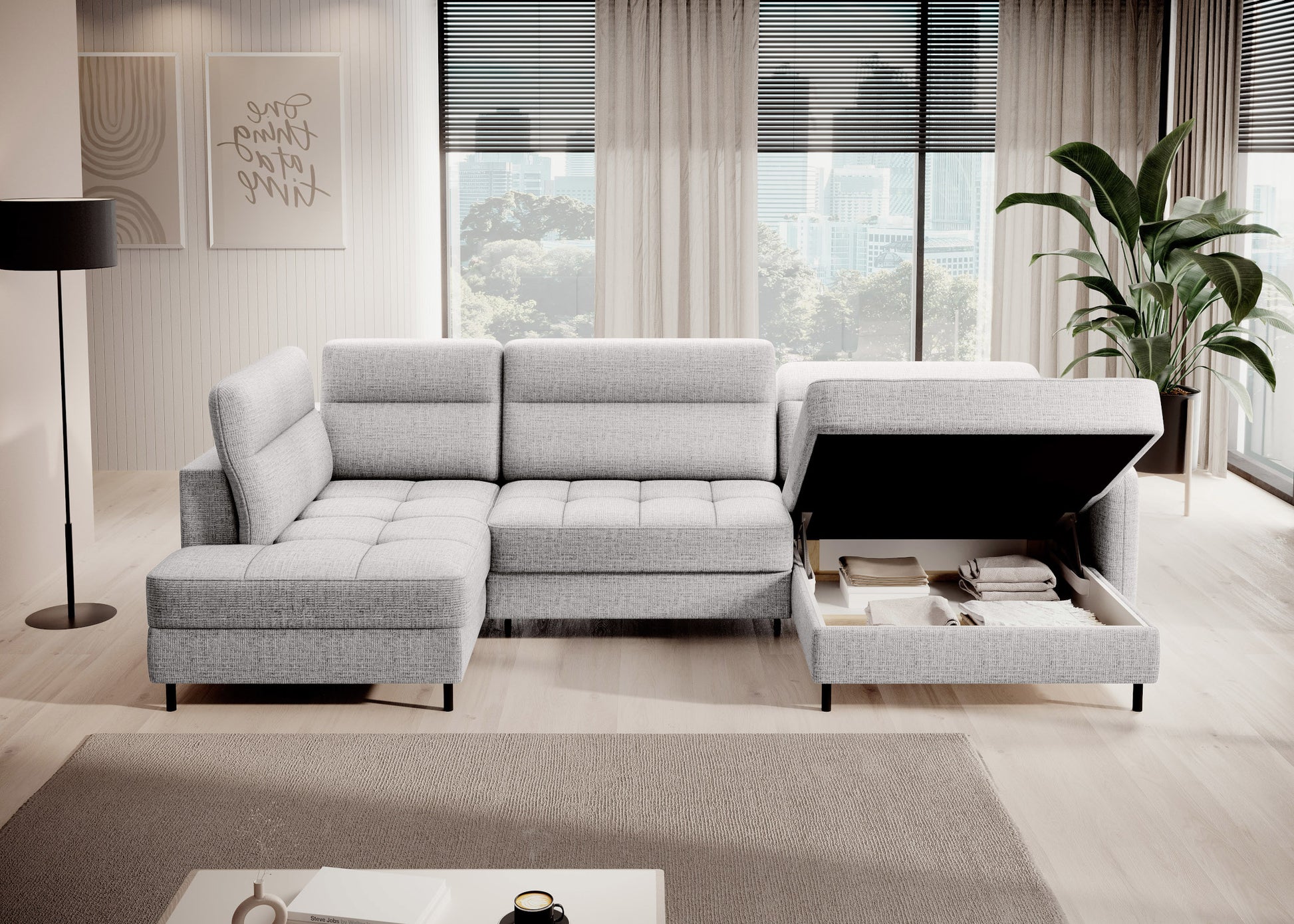 Narożnik Berrto w nowoczesnym salonie, biały Aubron 03 – widok z boku