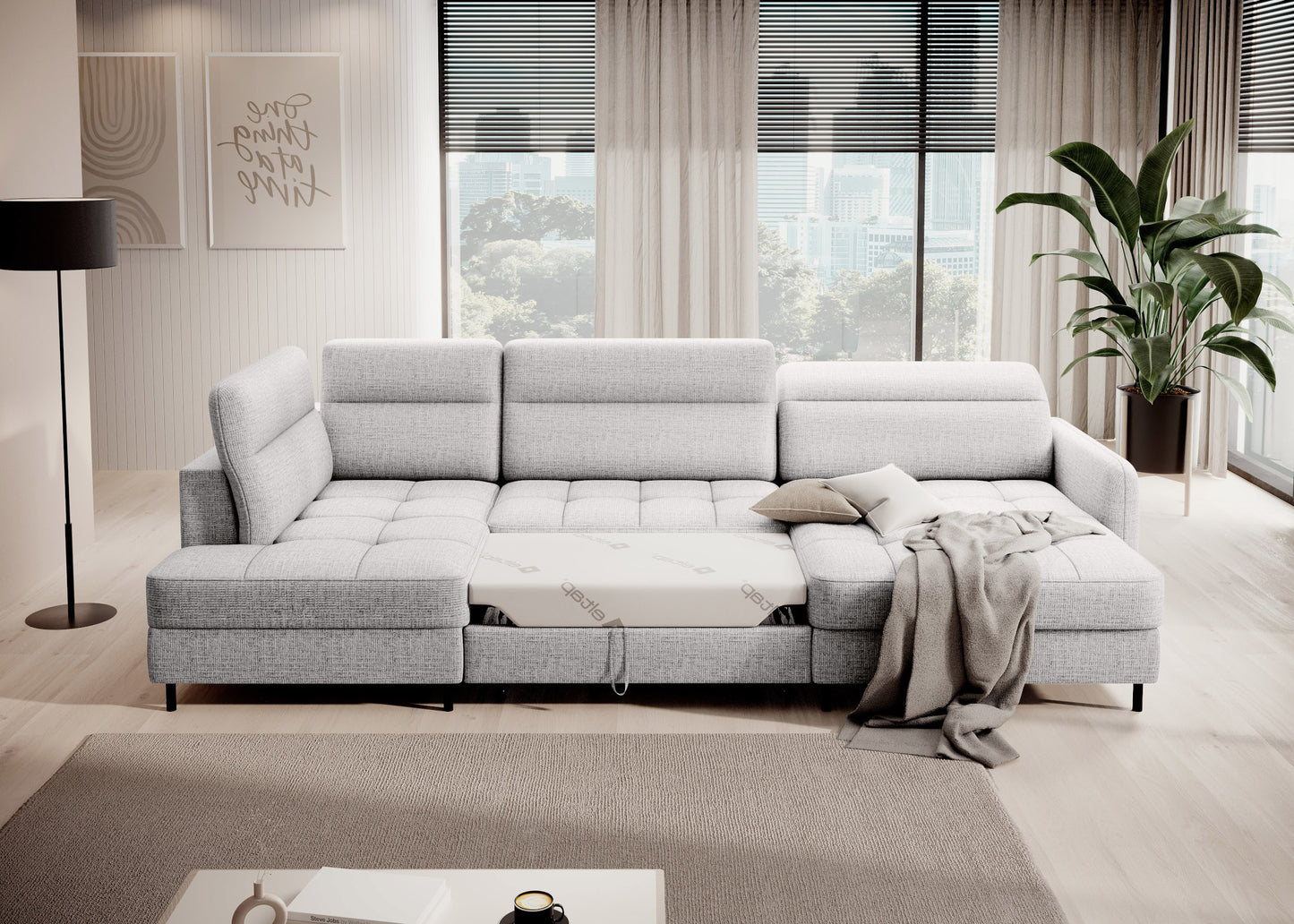 Narożnik Berrto rozłożony do spania, tkanina Aubron 03 biały