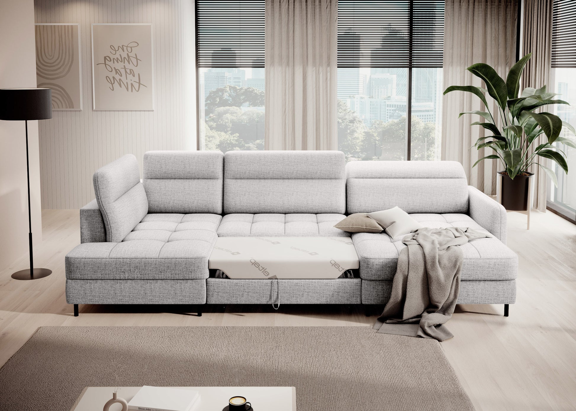 Narożnik Berrto rozłożony do spania, tkanina Aubron 03 biały