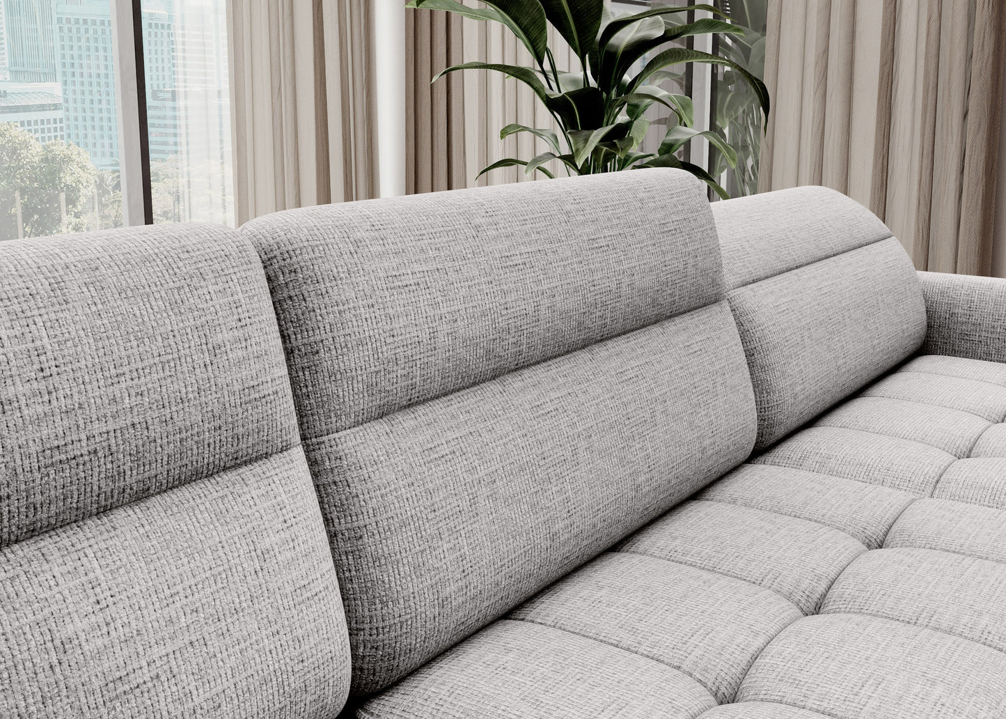 Zbliżenie tkaniny i przeszyć narożnika Berrto, materiał Aubron 03 biały