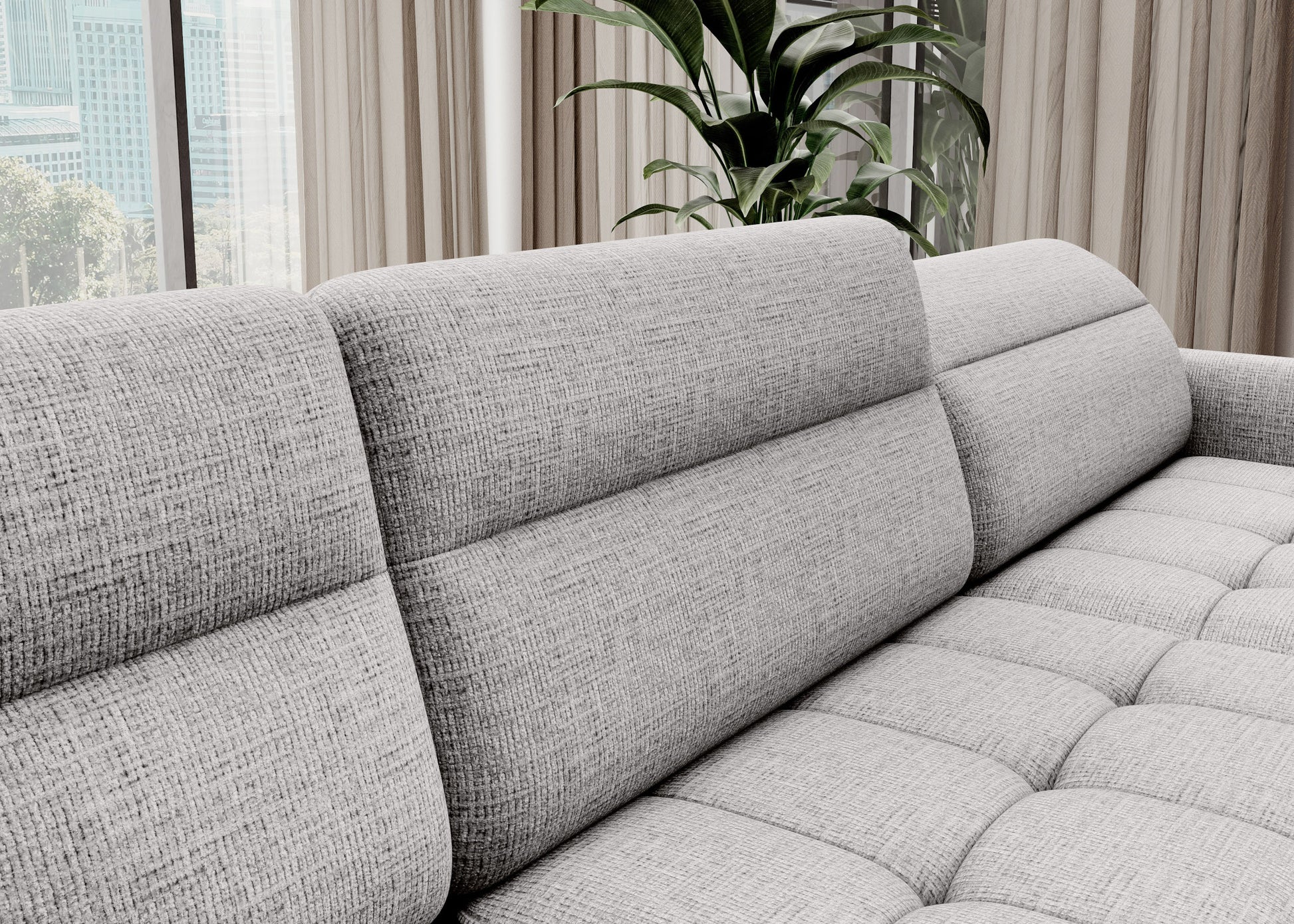 Zbliżenie tkaniny i przeszyć narożnika Berrto, materiał Aubron 03 biały