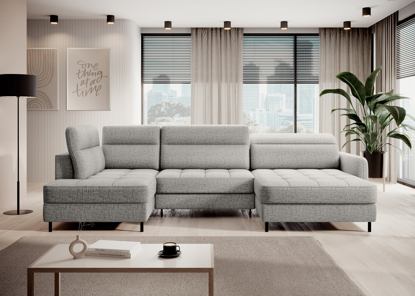 Narożnik Berrto w aranżacji salonu, Aubron 04 jasnoszary, widok z przodu