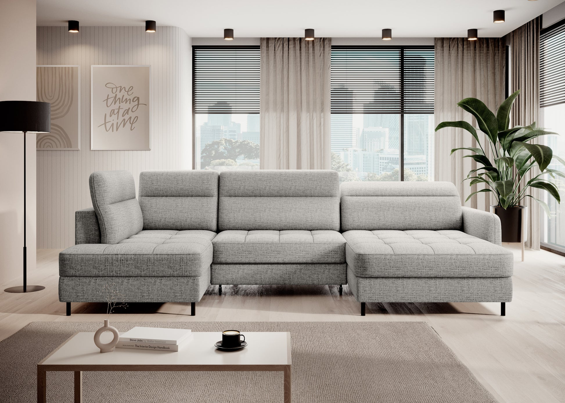 Narożnik Berrto w aranżacji salonu, Aubron 04 jasnoszary, widok z przodu