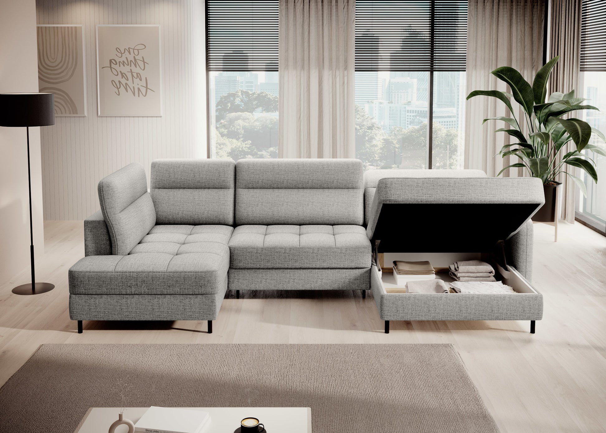 Narożnik Berrto w nowoczesnym salonie, Aubron 04 jasnoszary – widok z boku