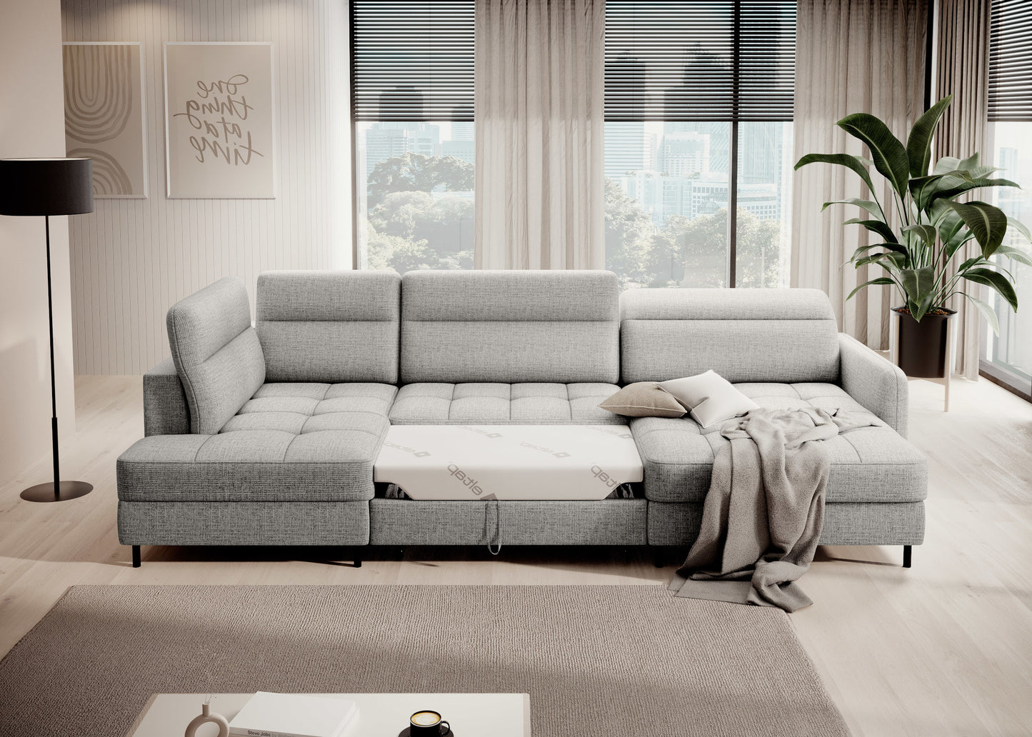 Narożnik Berrto z rozłożoną funkcją spania, tkanina Aubron 04 jasnoszary