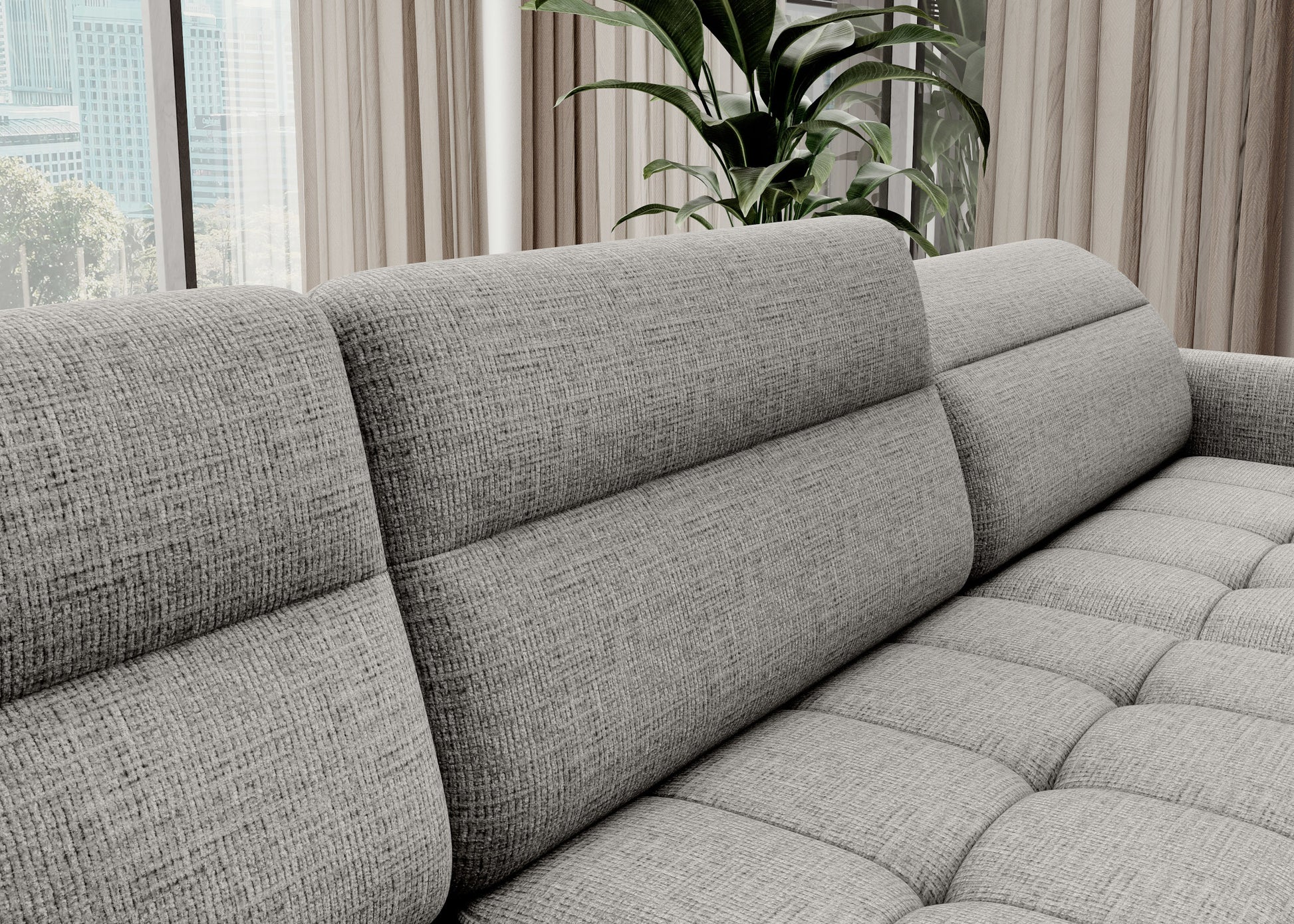 Zbliżenie tkaniny i przeszyć narożnika Berrto, materiał Aubron 04 jasnoszary