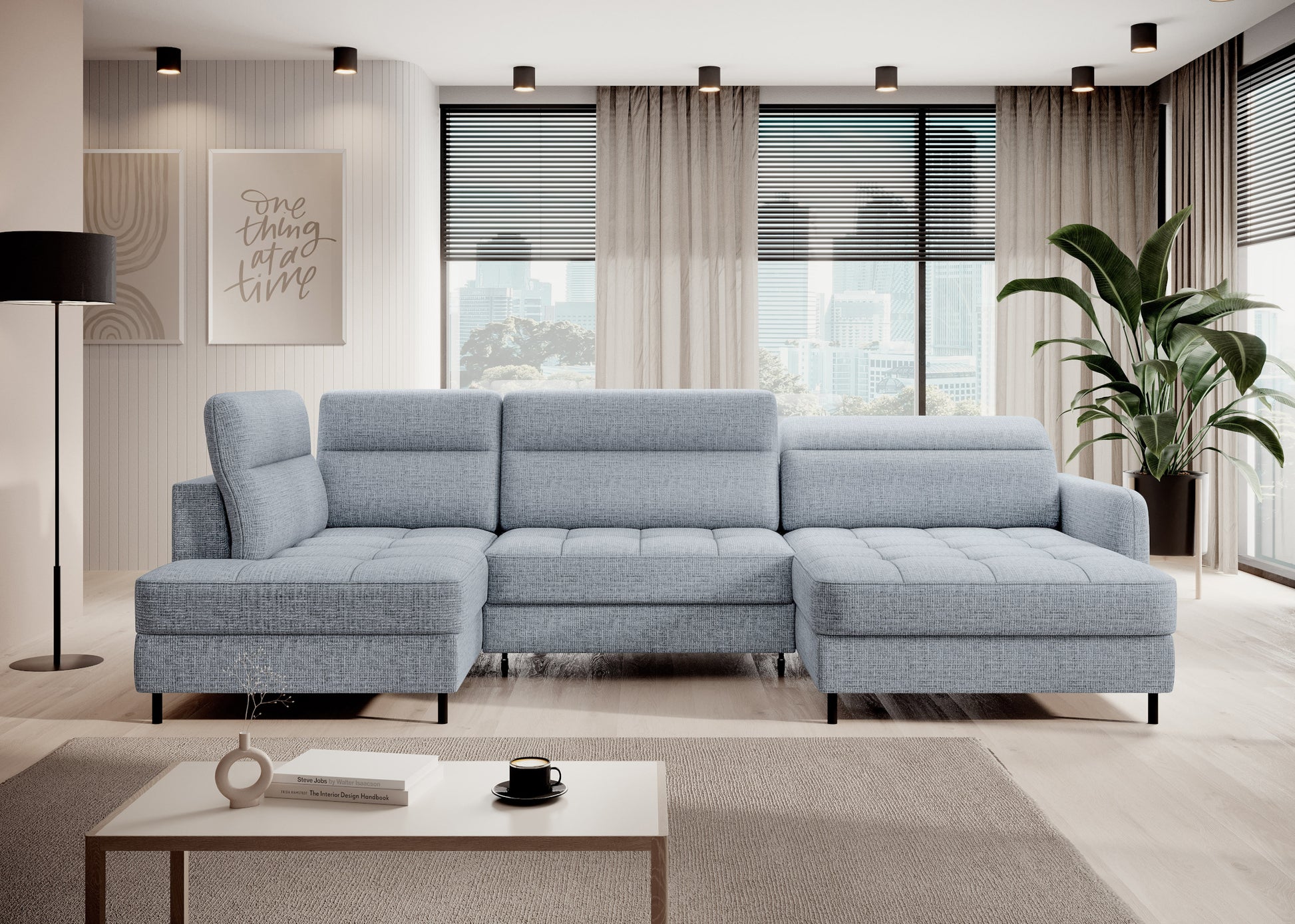 Narożnik Berrto z funkcją spania w aranżacji salonu, szary Aubron 100, widok z przodu