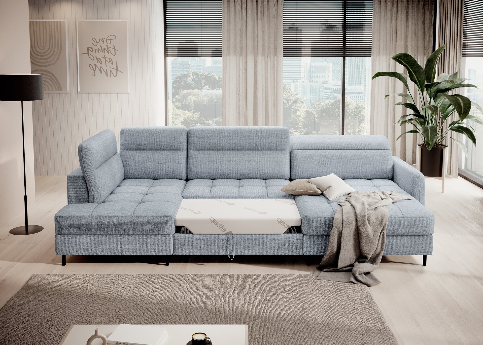 Narożnik Berrto, tkanina Aubron 100 szary – pokaz funkcji spania i pojemnika