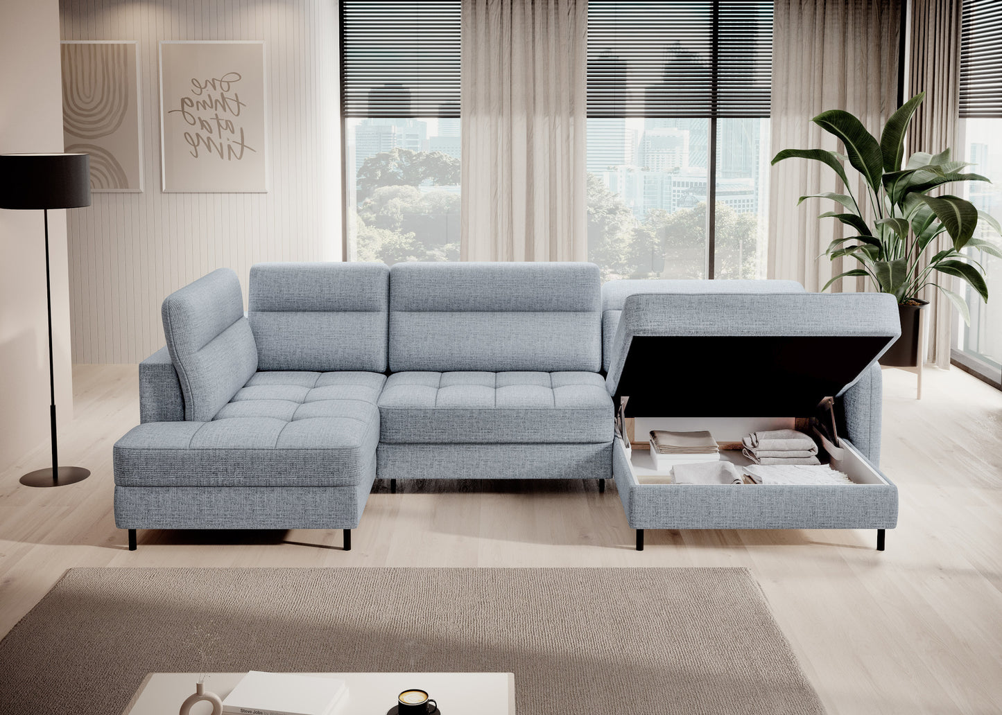 Narożnik Berrto z funkcją spania, szary Aubron 100, widok z boku w nowoczesnym wnętrzu