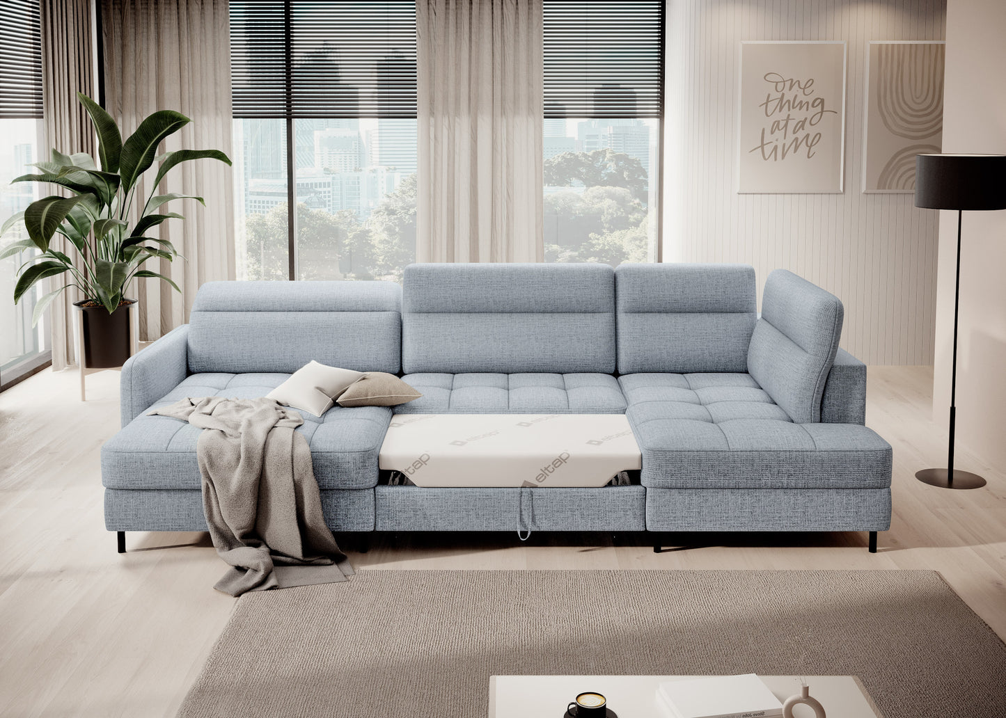 Narożnik Berrto z rozłożoną funkcją spania, tkanina Aubron 100 szary