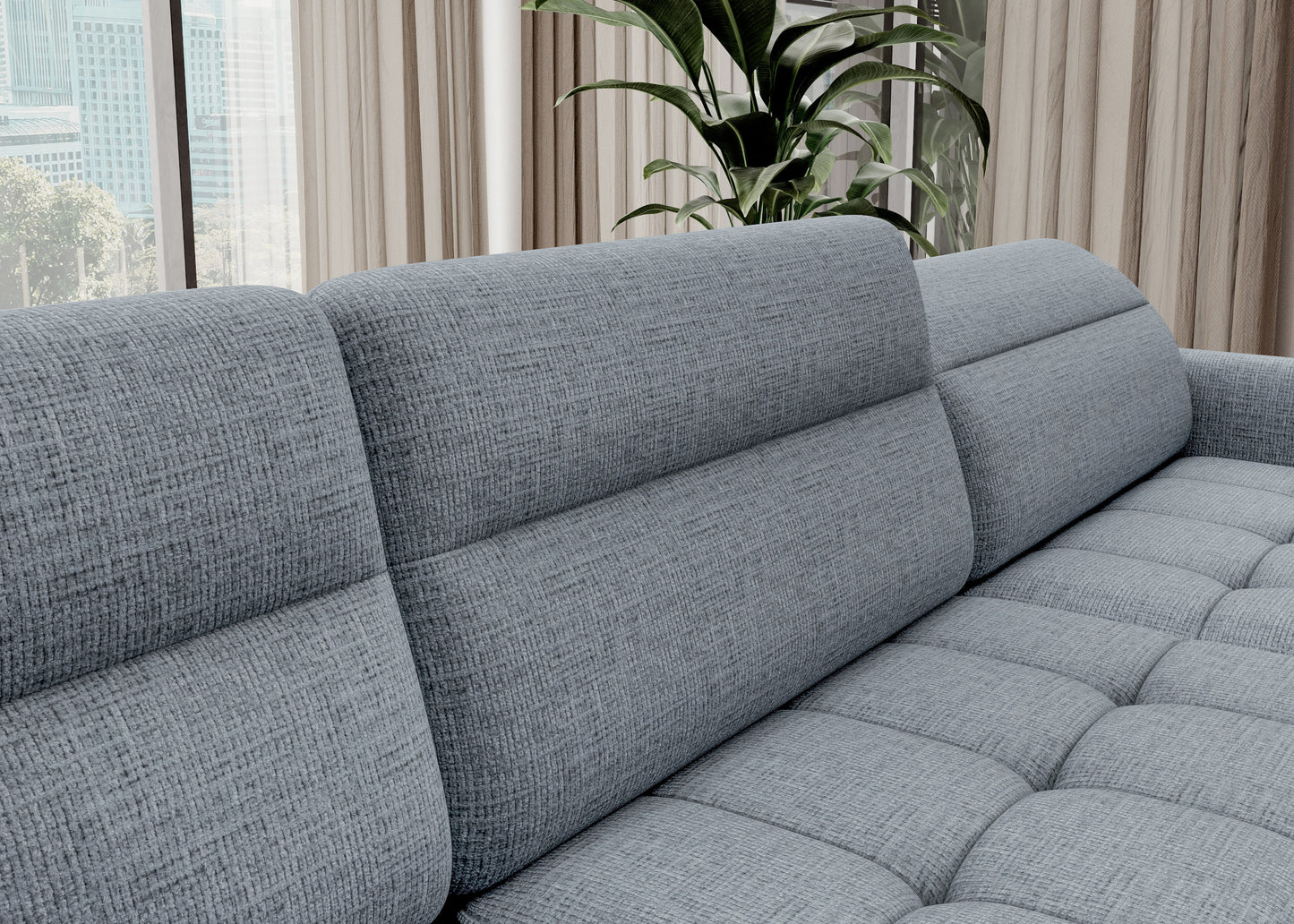 Zbliżenie tkaniny i przeszyć narożnika Berrto, materiał Aubron 100 szary

