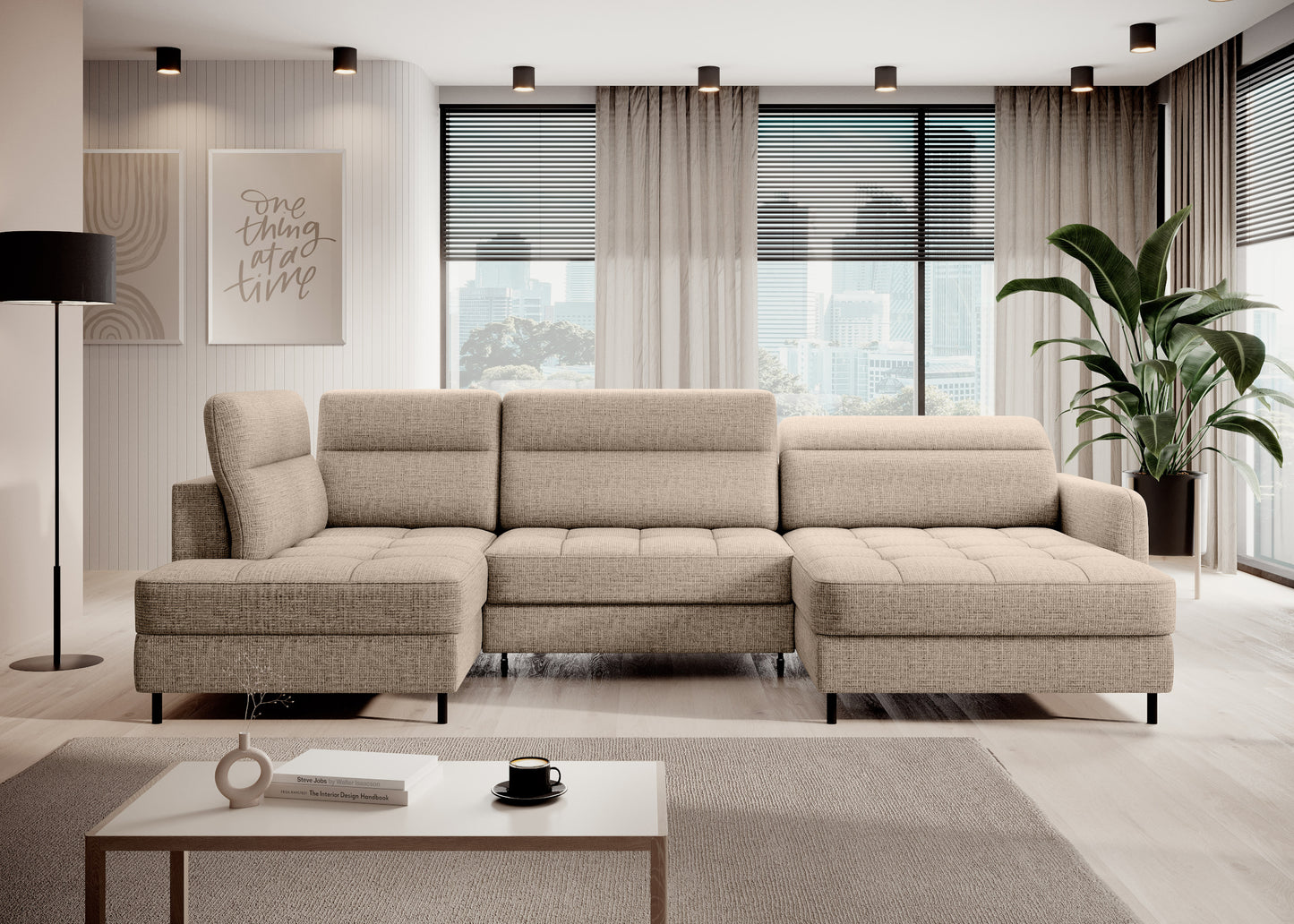 Narożnik Berrto z funkcją spania w aranżacji salonu, kremowy Aubron 20, widok z przodu