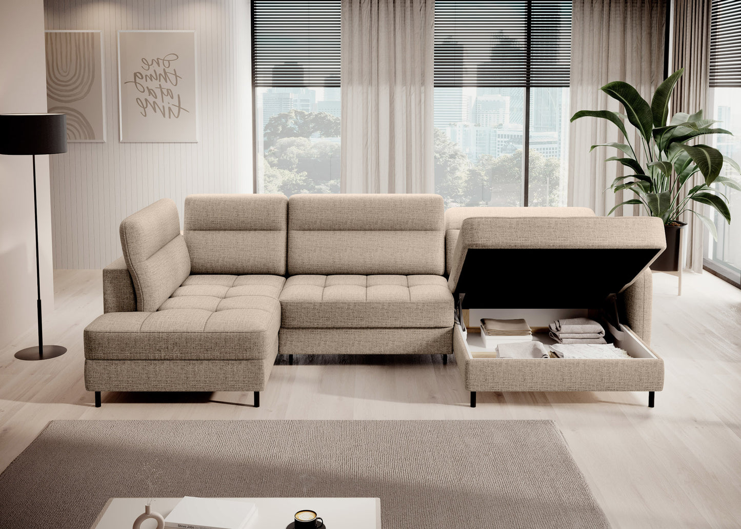 Narożnik Berrto w nowoczesnym salonie, kremowy Aubron 20 – widok z boku