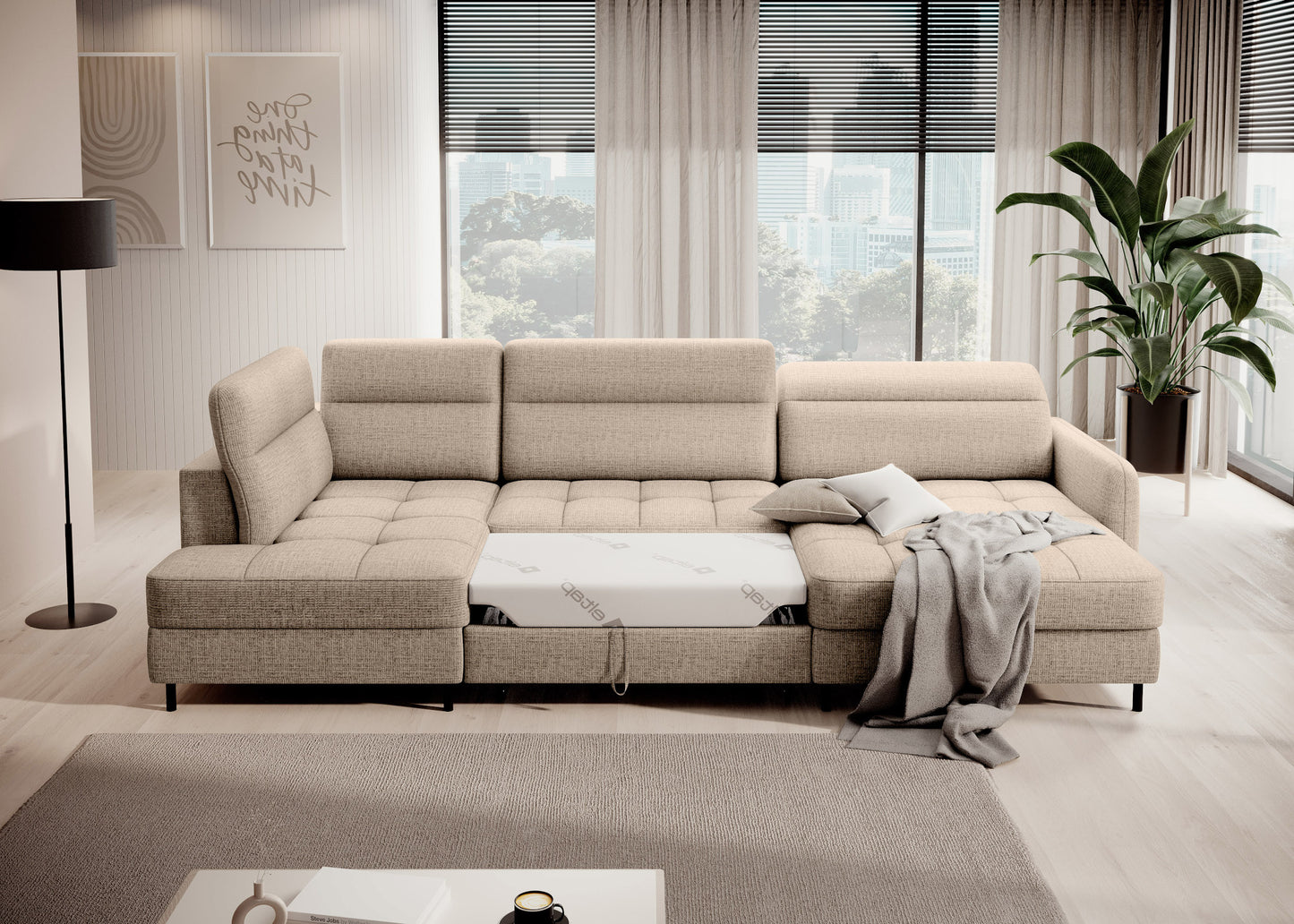 Narożnik Berrto, tkanina Aubron 20 kremowy – rozłożona funkcja spania