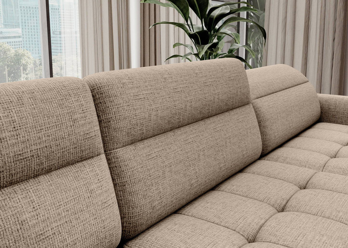 Zbliżenie tkaniny i przeszyć narożnika Berrto, materiał Aubron 20 kremowy

