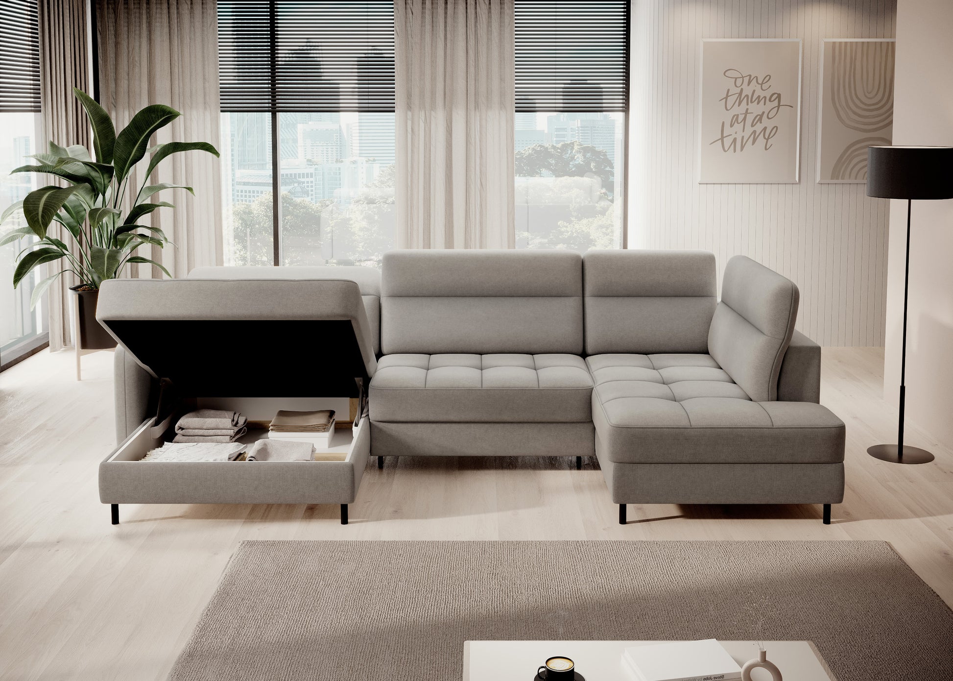 Narożnik Berrto z funkcją spania, jasnoszary Raquel 03 – ujęcie boczne w aranżacji salonu