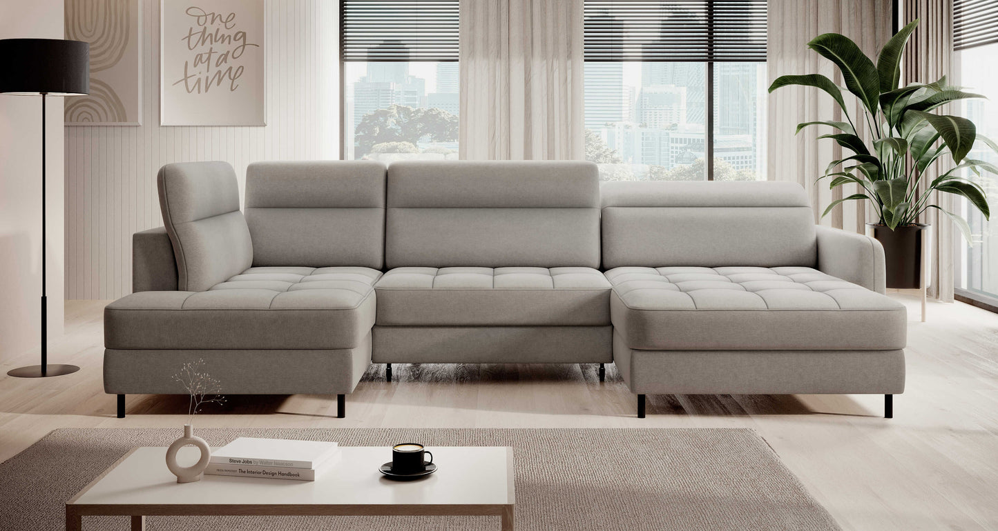 Narożnik z funkcją spania Berrto w salonie, kolor jasnoszary Raquel 03 – ujęcie frontalne