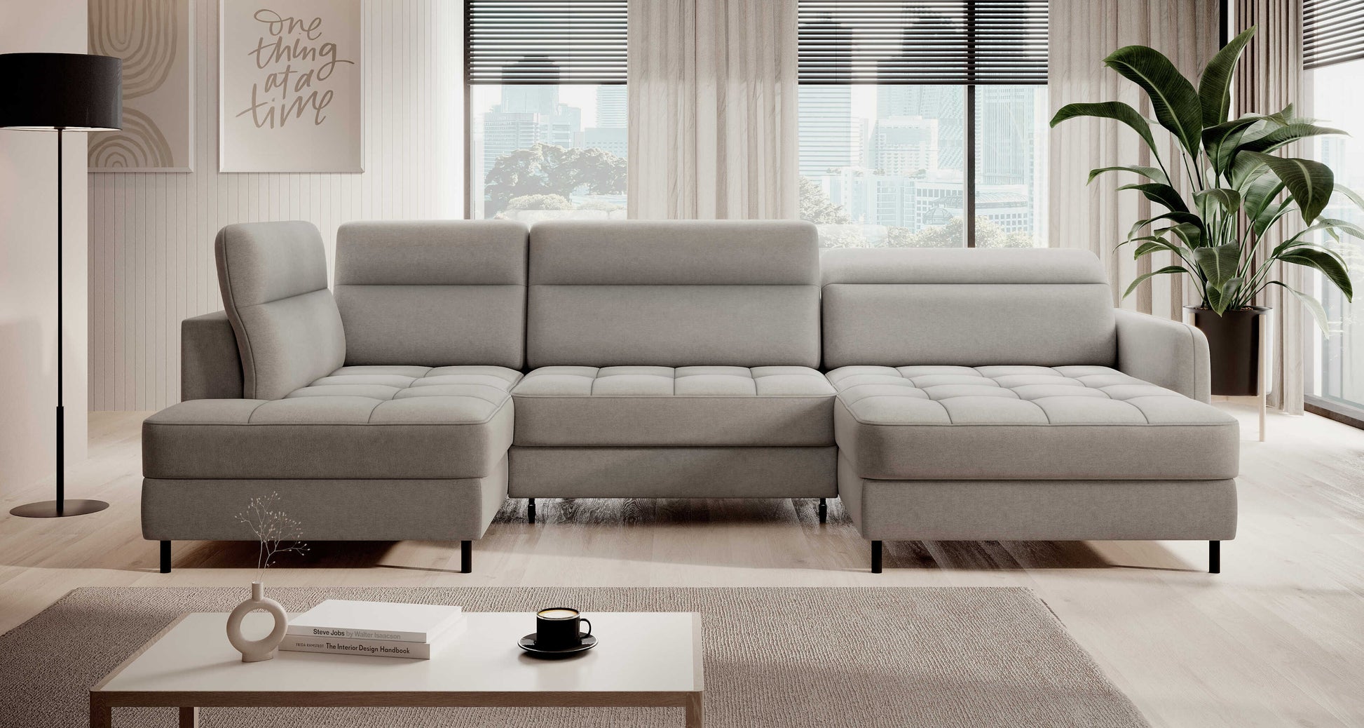 Narożnik z funkcją spania Berrto w salonie, kolor jasnoszary Raquel 03 – ujęcie frontalne