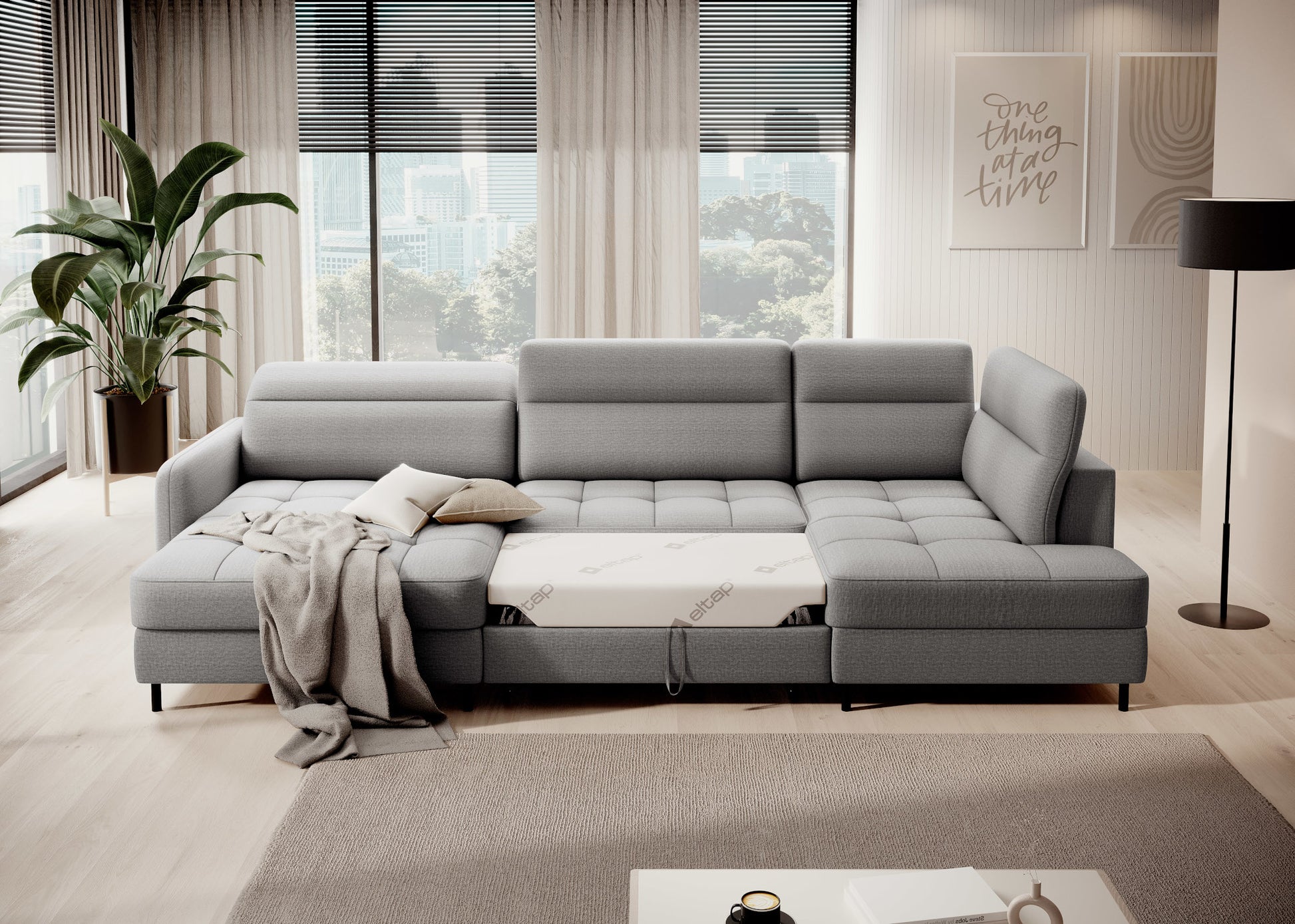 Narożnik Berrto, Manhattan 03 jasnoszary – rozłożona funkcja spania w aranżacji