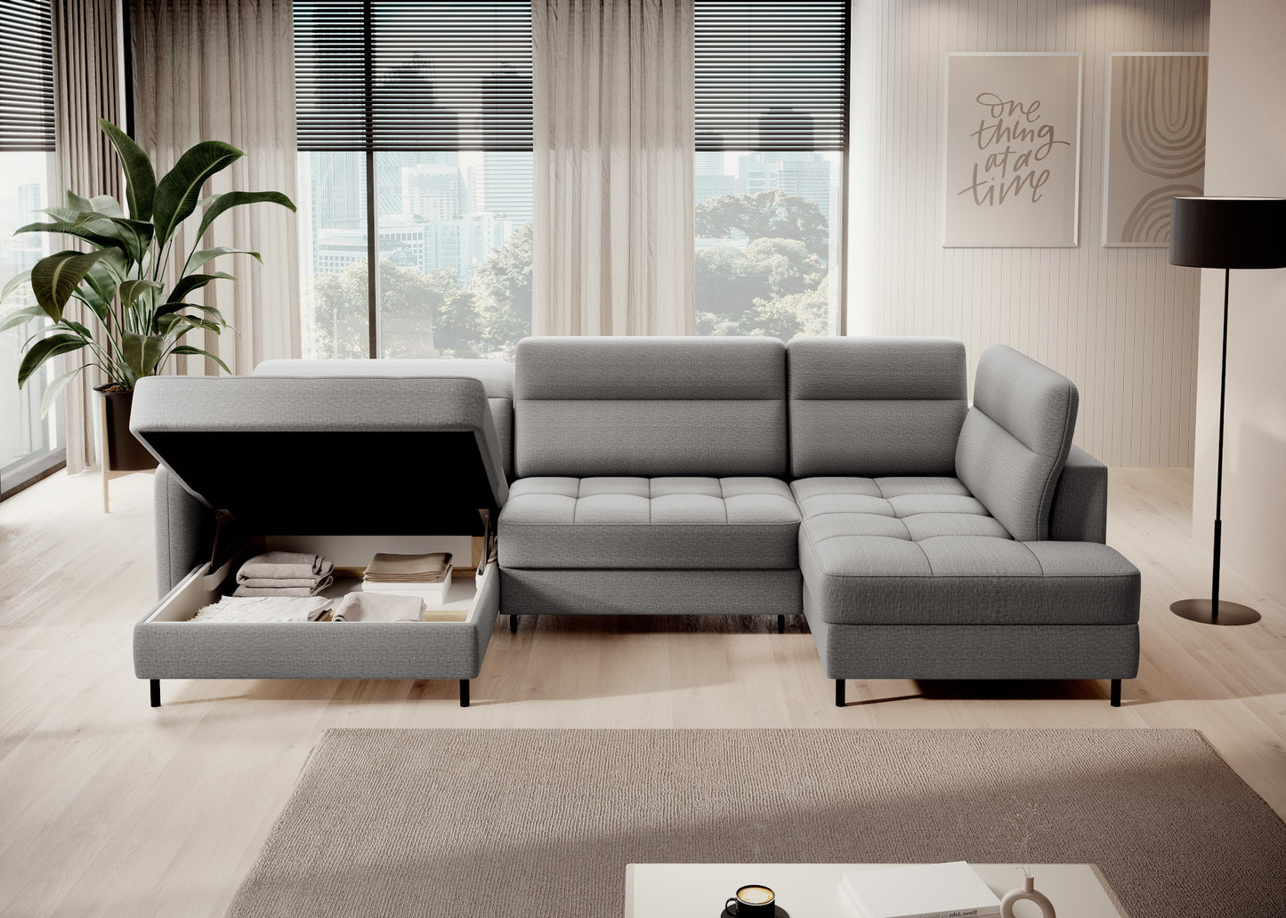 Berrto – narożnik z funkcją spania, Manhattan 03 jasnoszary – ujęcie frontalne pod kątem