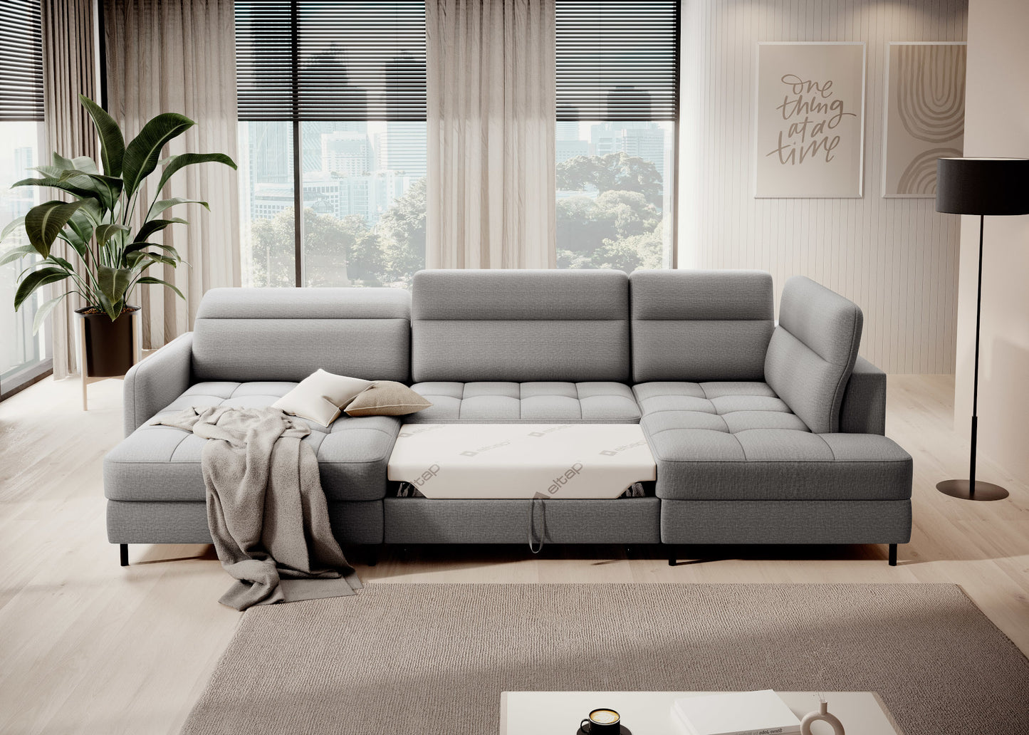 Narożnik Berrto, Manhattan 03 jasnoszary – szeroki front w aranżacji salonu