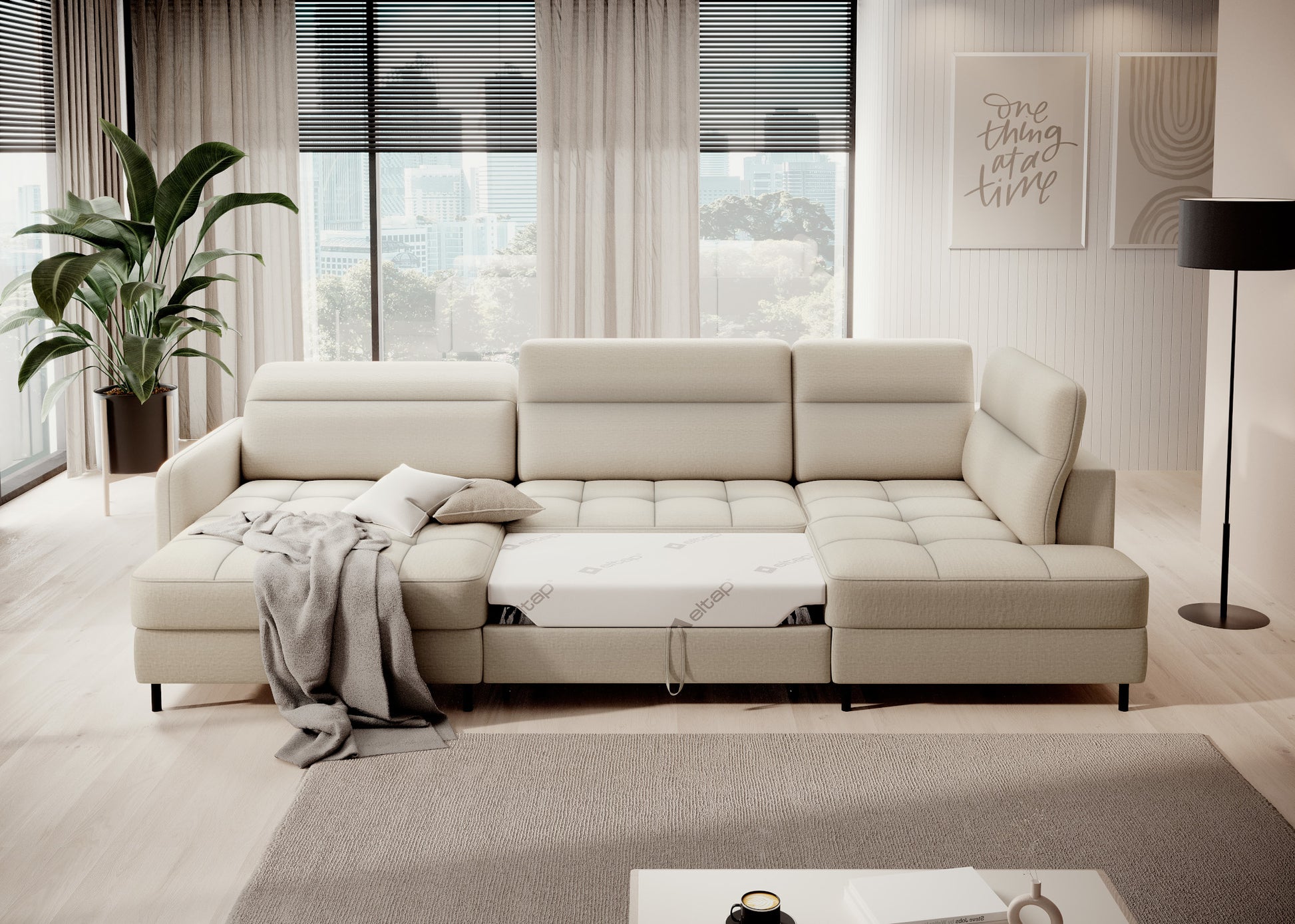 Narożnik Berrto, Manhattan 18 jasnobeżowy – rozłożona funkcja spania w aranżacji