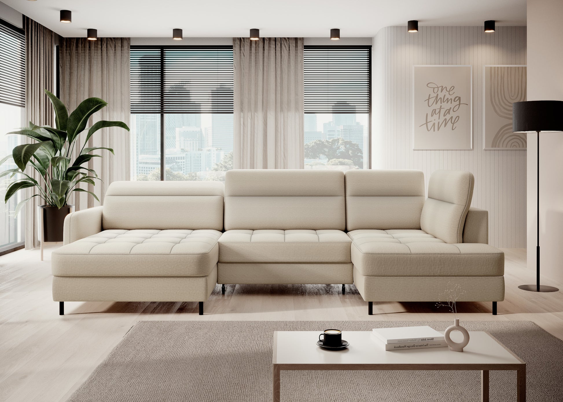 Narożnik z funkcją spania Berrto w salonie, kolor Manhattan 18 jasnobeżowy – ujęcie frontalne