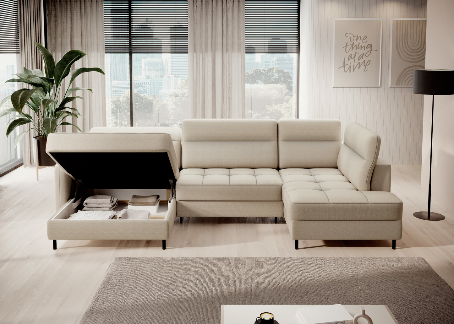 Berrto – narożnik z funkcją spania, Manhattan 18 jasnobeżowy – ujęcie frontalne pod kątem