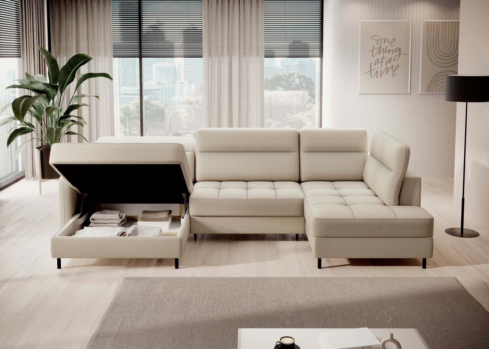 Berrto – narożnik z funkcją spania, Manhattan 18 jasnobeżowy – ujęcie frontalne pod kątem