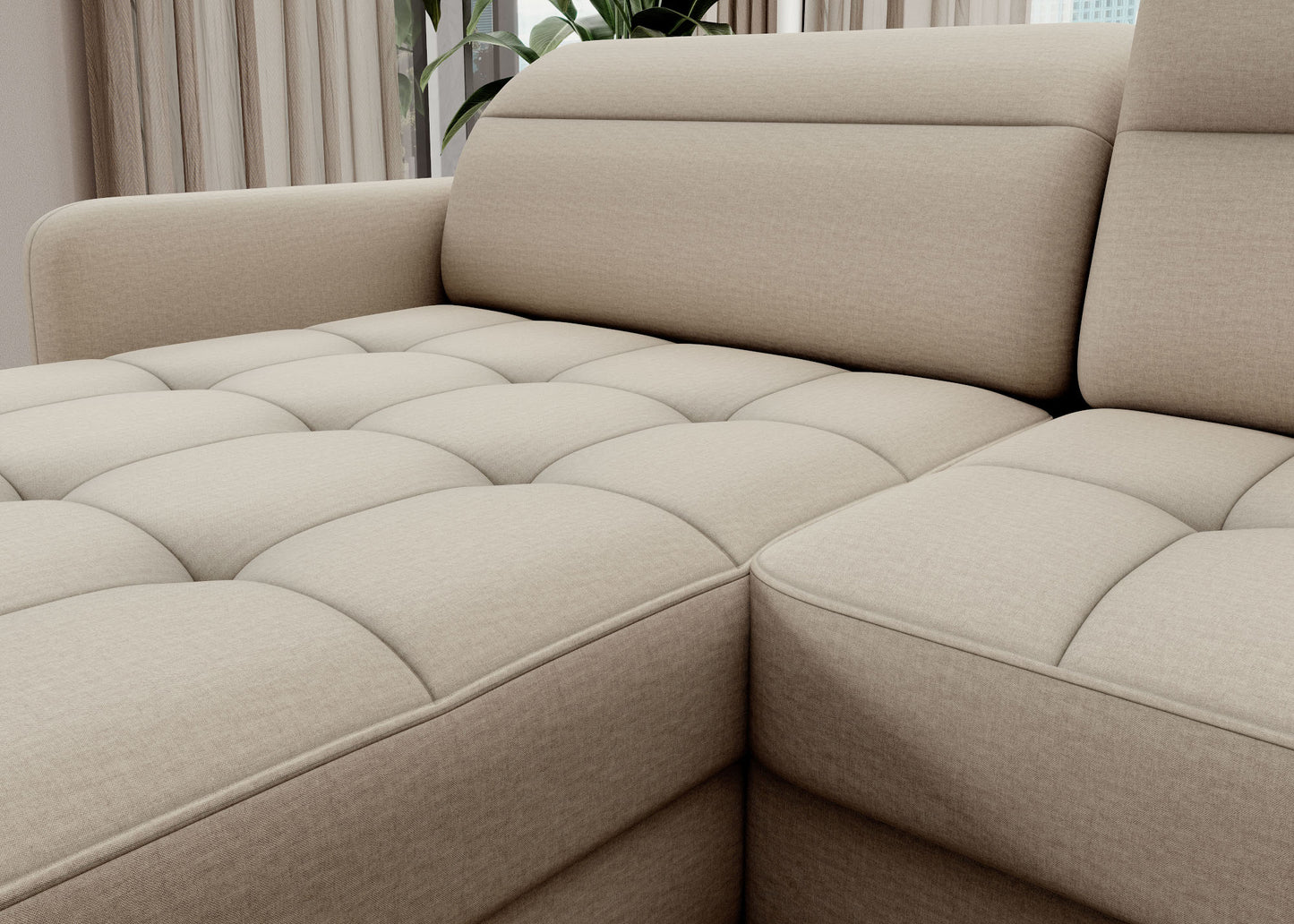 Narożnik z funkcją spania Berrto, Manhattan 18 jasnobeżowy – zbliżenie siedziska i przeszyć