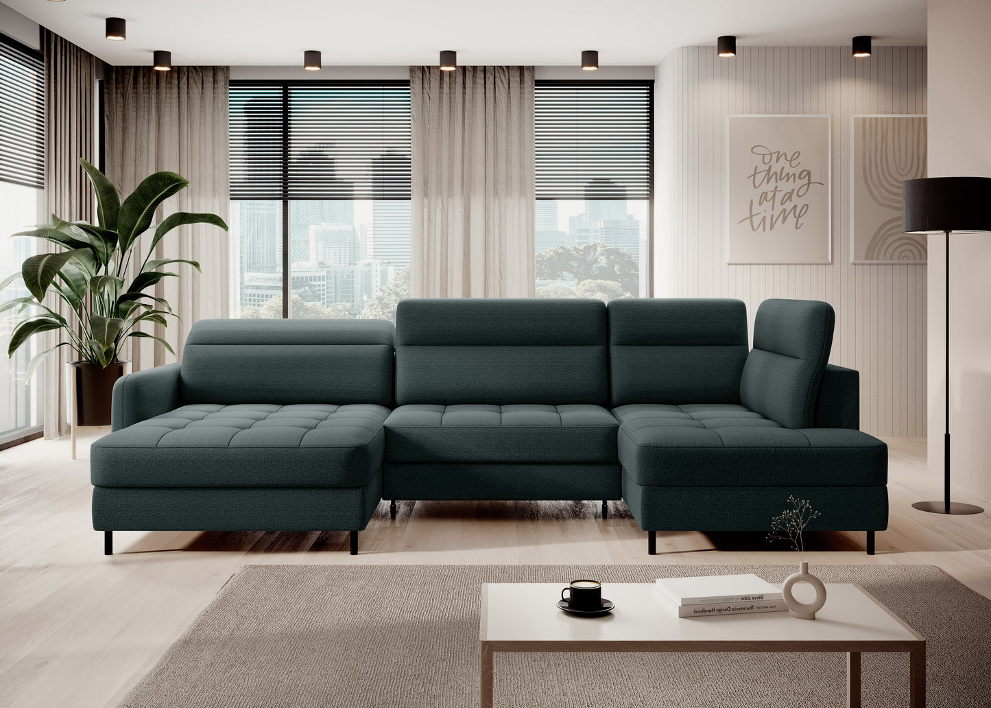 Narożnik z funkcją spania Berrto w salonie, kolor Manhattan 38 zielony – ujęcie frontalne