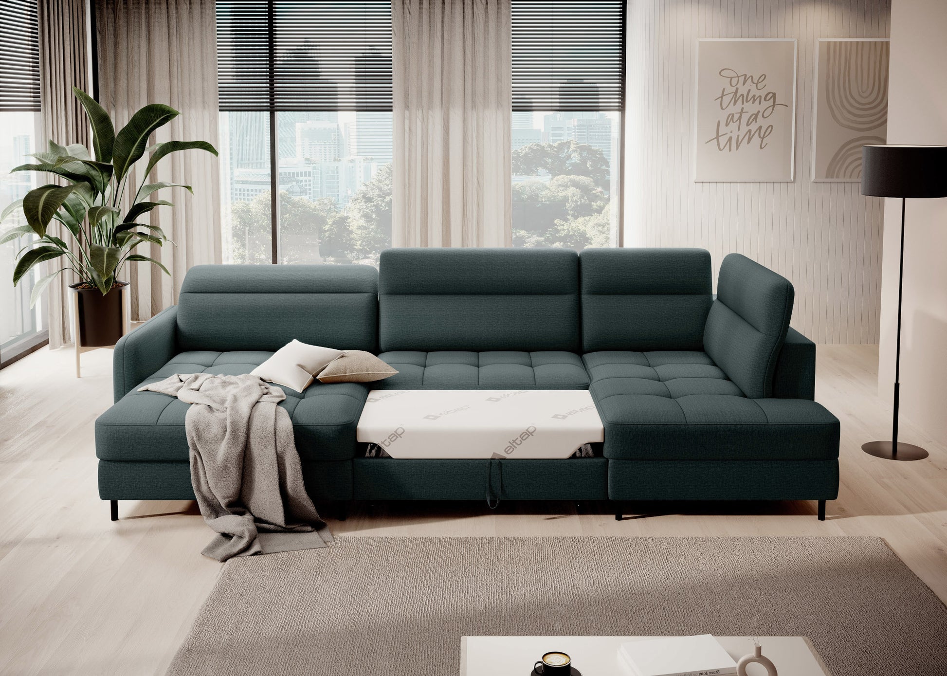 Berrto – narożnik z funkcją spania, Manhattan 38 zielony – widok z perspektywy na szezlong