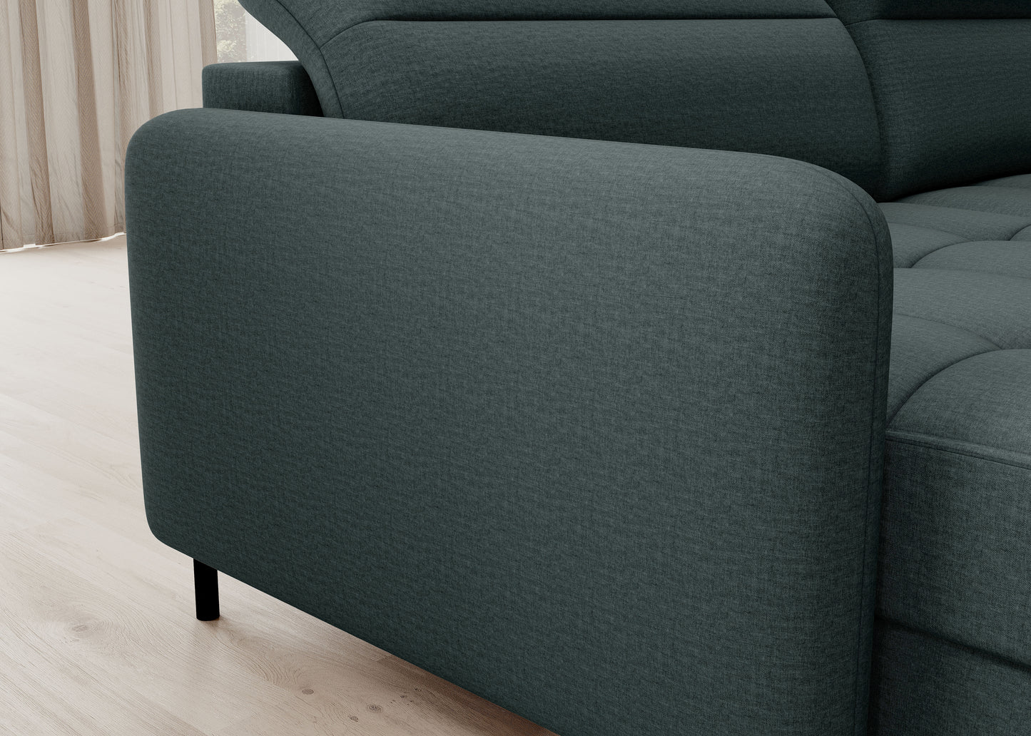 Narożnik z funkcją spania Berrto, Manhattan 38 zielony – zbliżenie podłokietnika i wykończenia