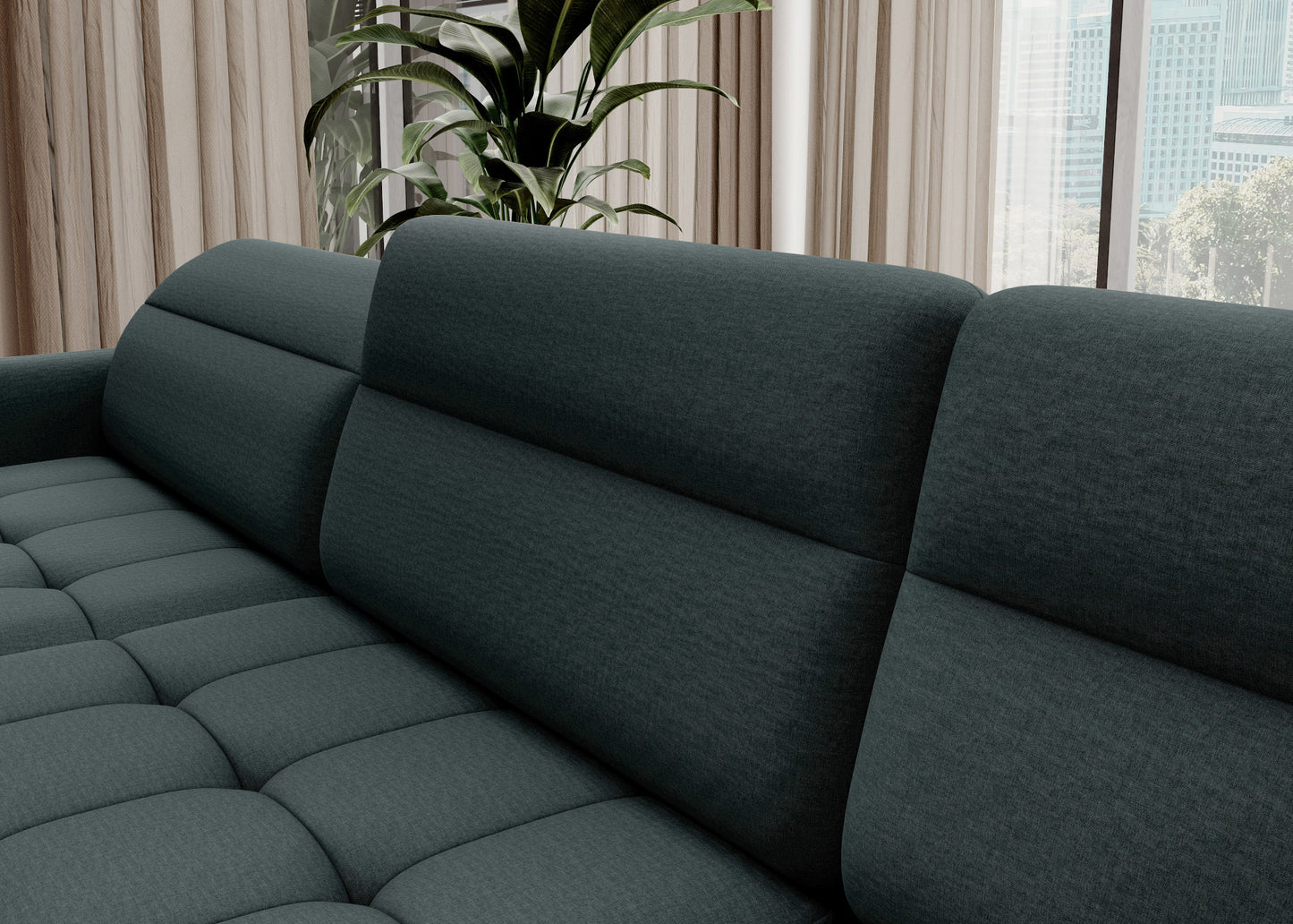 Narożnik z funkcją spania Berrto, Manhattan 38 zielony – zbliżenie tkaniny i wykończenia oparcia