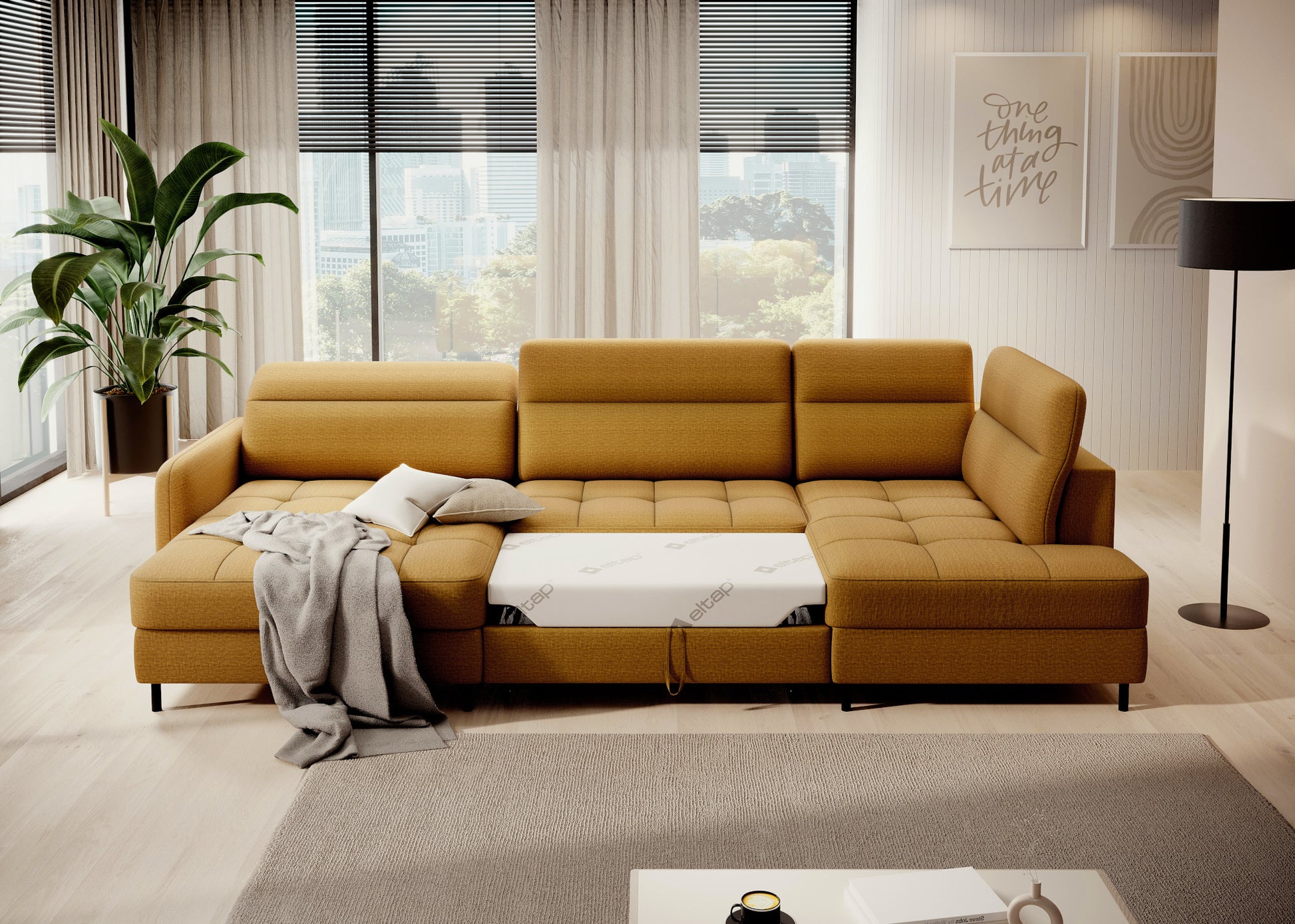 Narożnik Berrto, Manhattan 45 żółty – rozłożona funkcja spania w aranżacji salonu