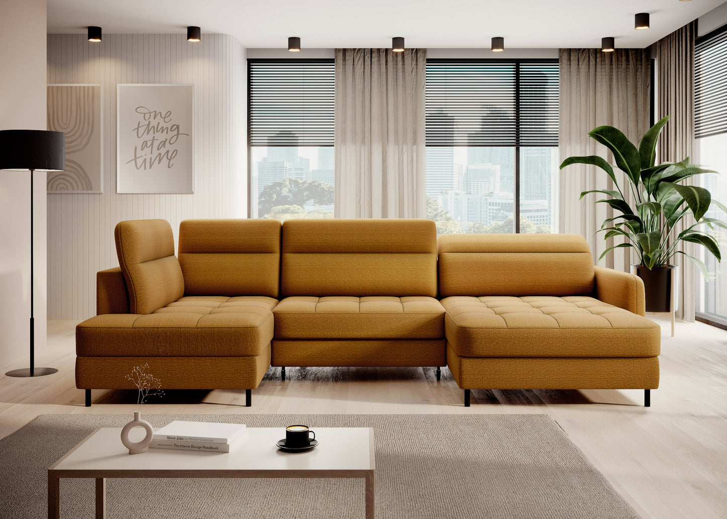 Narożnik z funkcją spania Berrto w salonie, kolor Manhattan 45 żółty – ujęcie frontalne