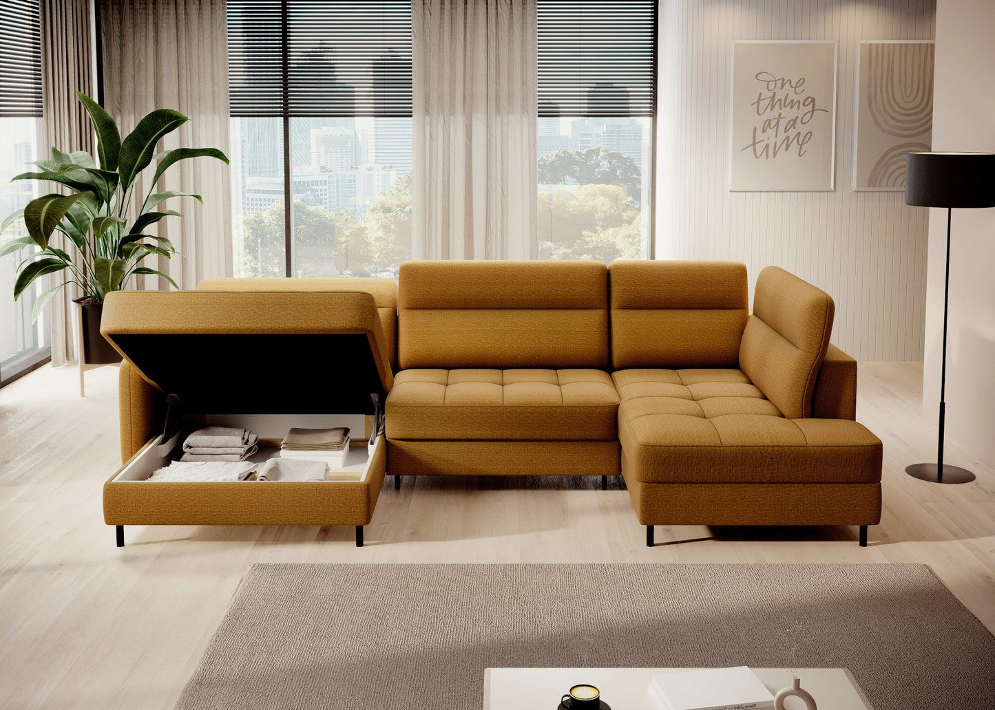 Berrto – narożnik z funkcją spania, Manhattan 45 żółty – widok z perspektywy na szezlong