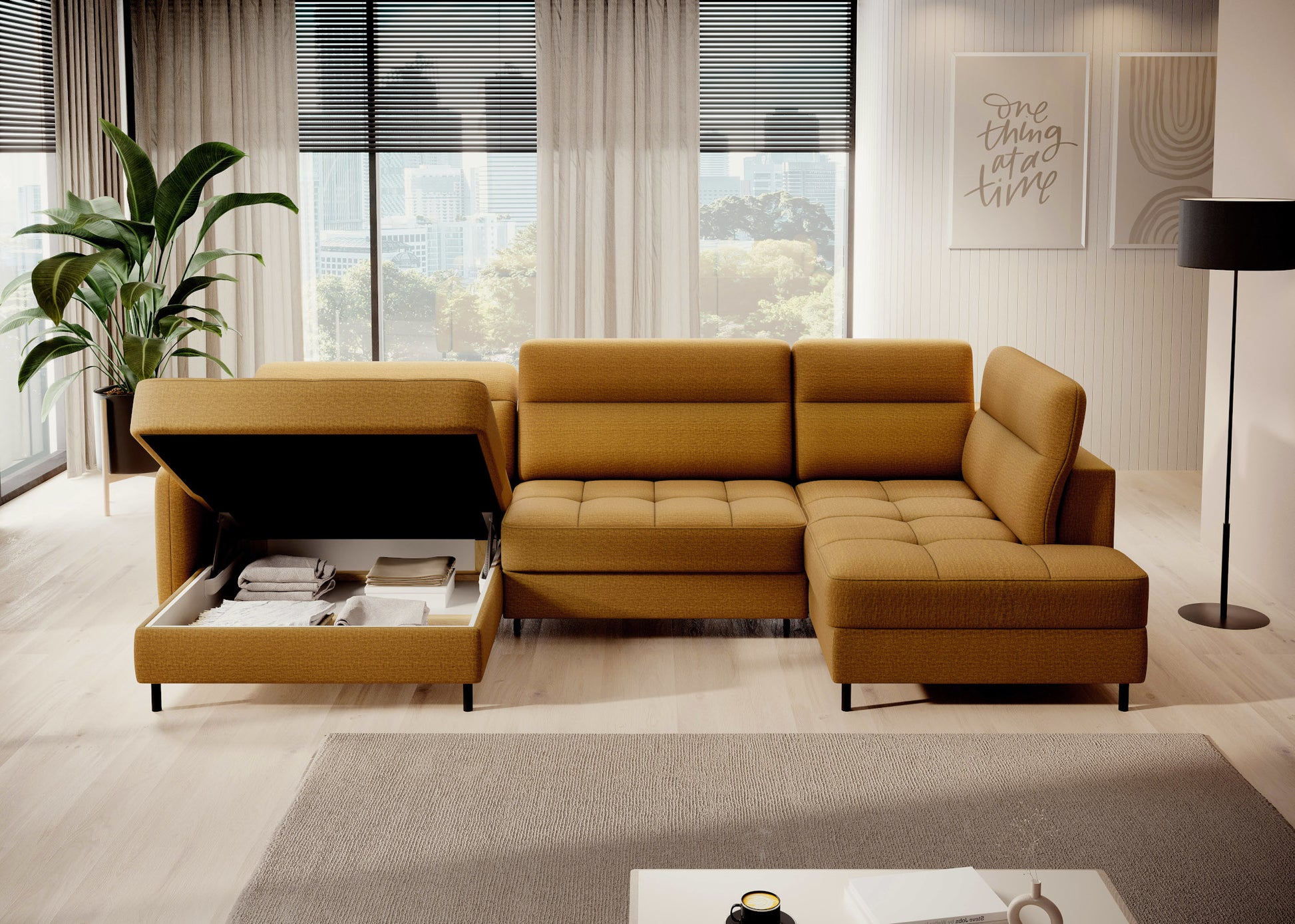 Berrto – narożnik z funkcją spania, Manhattan 45 żółty – widok z perspektywy na szezlong