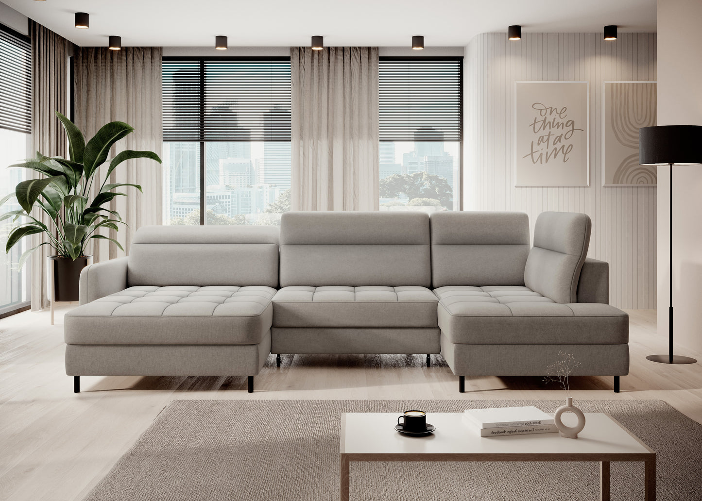 Narożnik Berrto w aranżacji salonu, Raquel 03 jasnoszary – widok frontalny