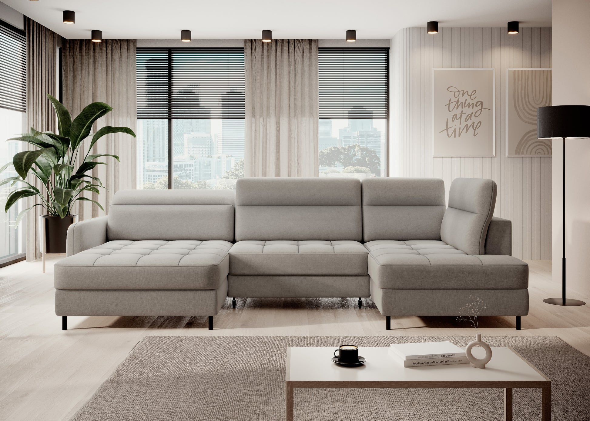 Narożnik Berrto w aranżacji salonu, Raquel 03 jasnoszary – widok frontalny